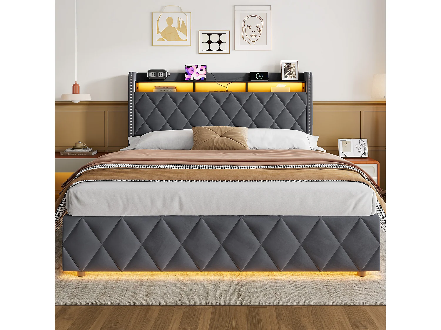 Letto contenitore 160x200 cm in velluto grigio con illuminazione LED integrata e presa di corrente, struttura in metallo e legno, senza materasso