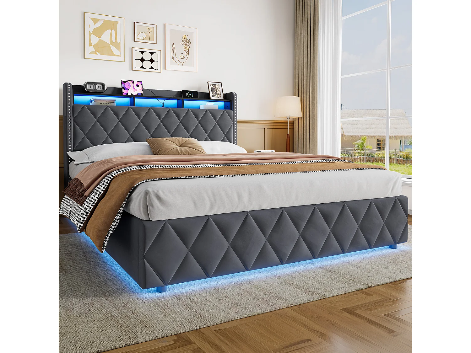 Letto contenitore 160x200 cm in velluto grigio con illuminazione LED integrata e presa di corrente, struttura in metallo e legno, senza materasso