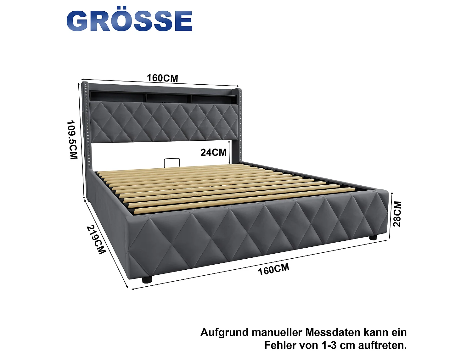 Letto contenitore 160x200 cm in velluto grigio con illuminazione LED integrata e presa di corrente, struttura in metallo e legno, senza materasso