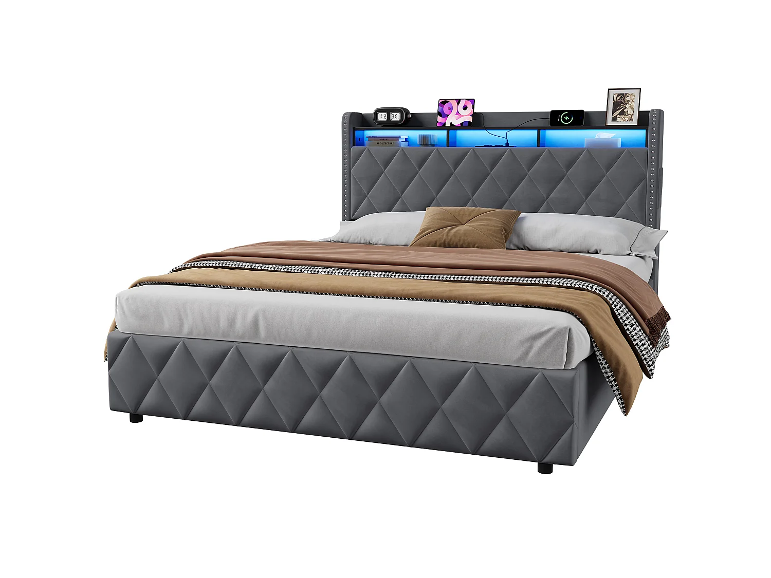 Letto contenitore 160x200 cm in velluto grigio con illuminazione LED integrata e presa di corrente, struttura in metallo e legno, senza materasso