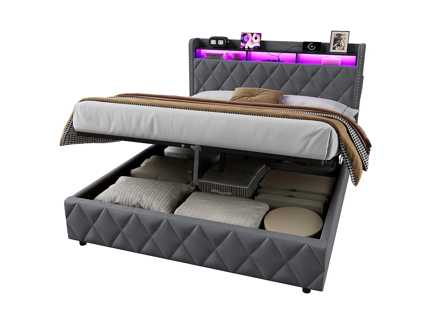 Letto contenitore 160x200 cm in velluto grigio con illuminazione LED integrata e presa di corrente, struttura in metallo e legno, senza materasso