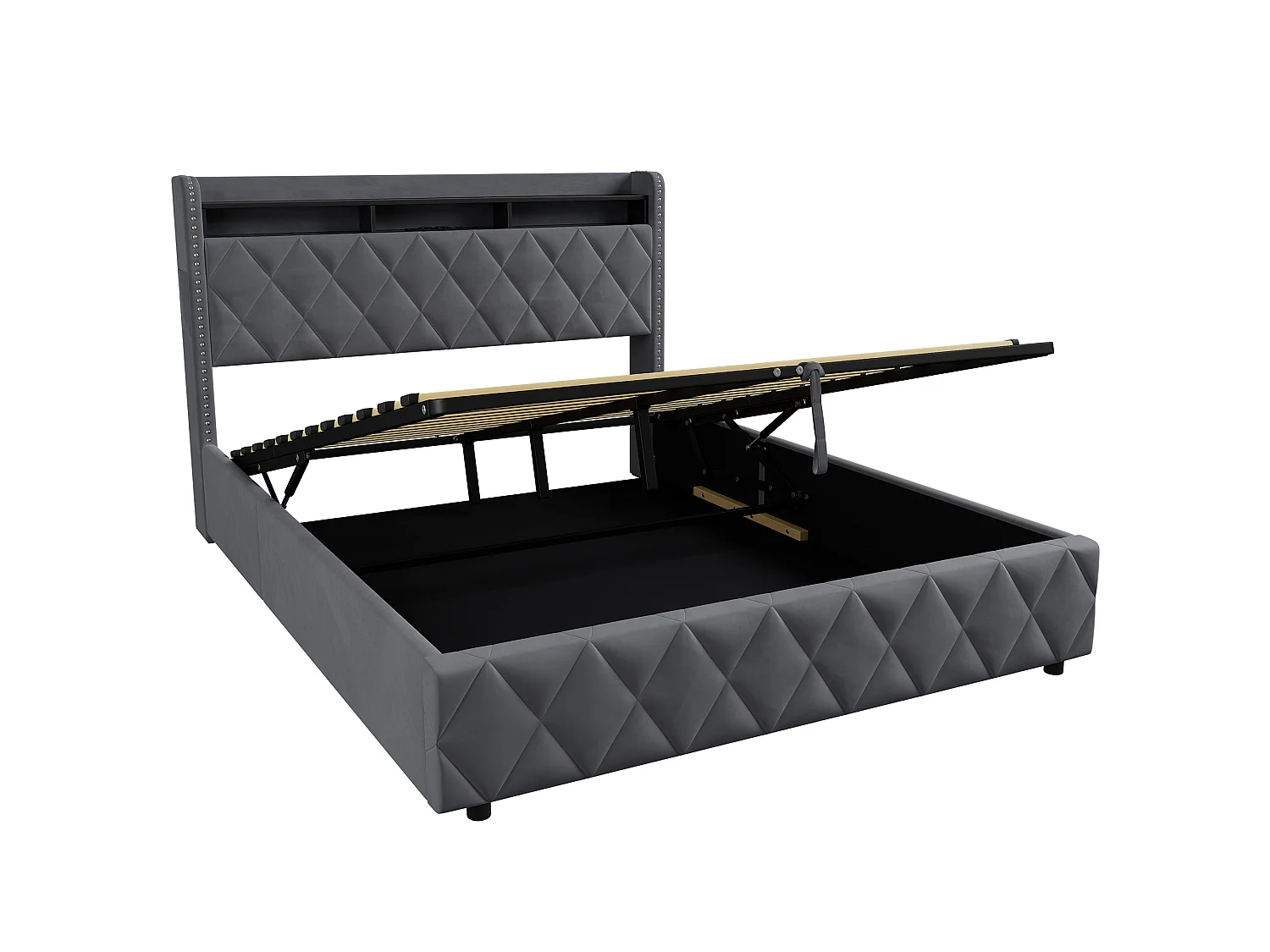 Letto contenitore 160x200 cm in velluto grigio con illuminazione LED integrata e presa di corrente, struttura in metallo e legno, senza materasso