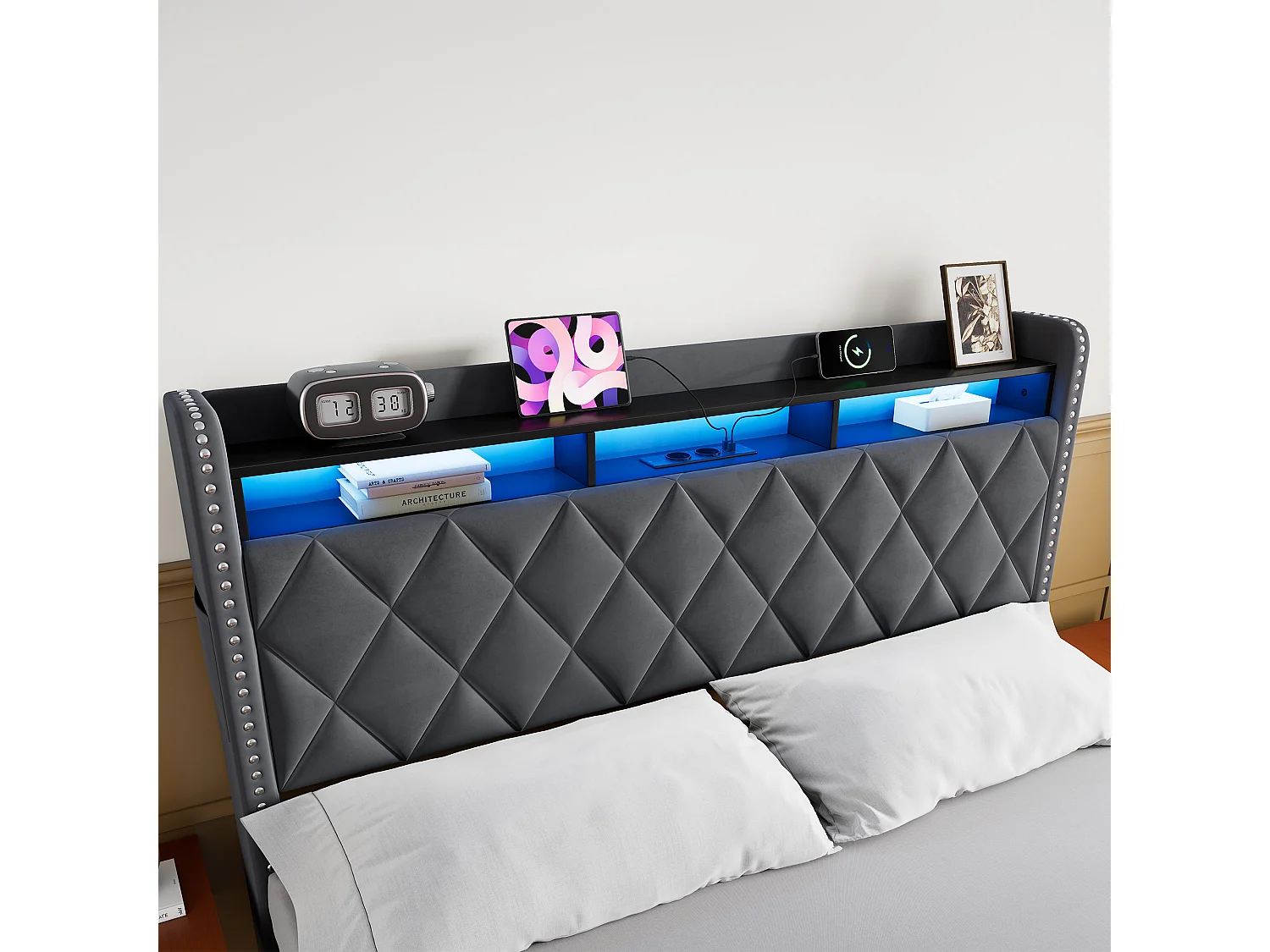 Letto contenitore 160x200 cm in velluto grigio con illuminazione LED integrata e presa di corrente, struttura in metallo e legno, senza materasso