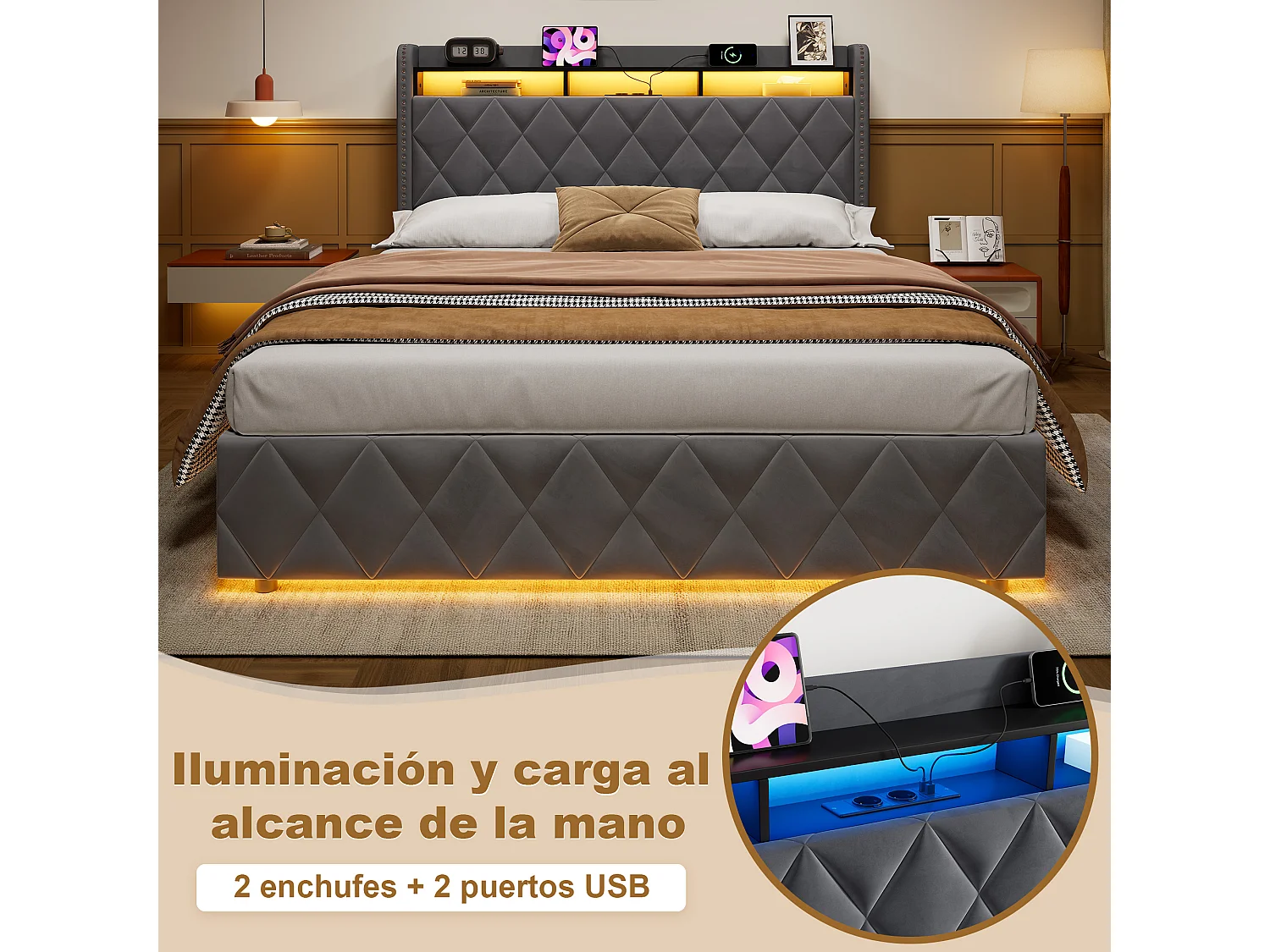 Letto contenitore 160x200 cm in velluto grigio con illuminazione LED integrata e presa di corrente, struttura in metallo e legno, senza materasso