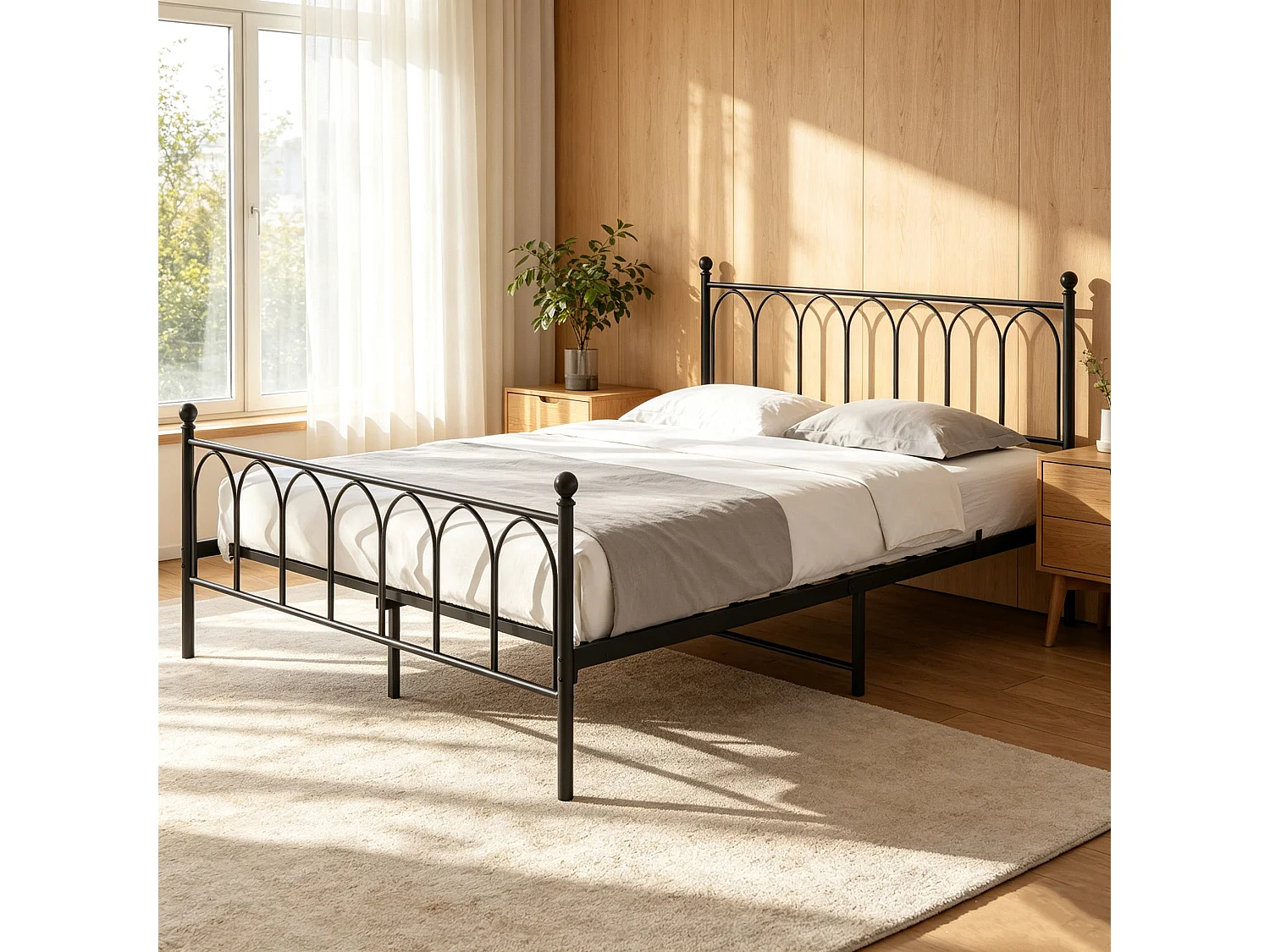 Doppelbett 140x200 cm, Lattenrost, Gestell aus schwarzem Metall, ohne Matratze