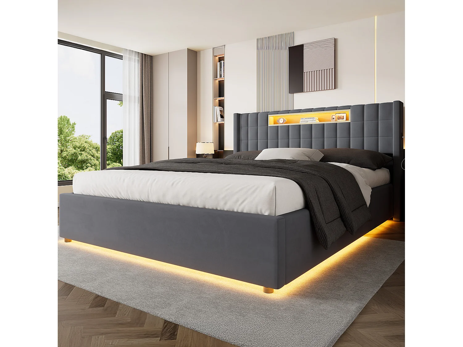 Letto contenitore 160x200 cm in velluto grigio scuro con testiera regolabile con LED, 2 porte USB e 1 Type-C, senza materasso