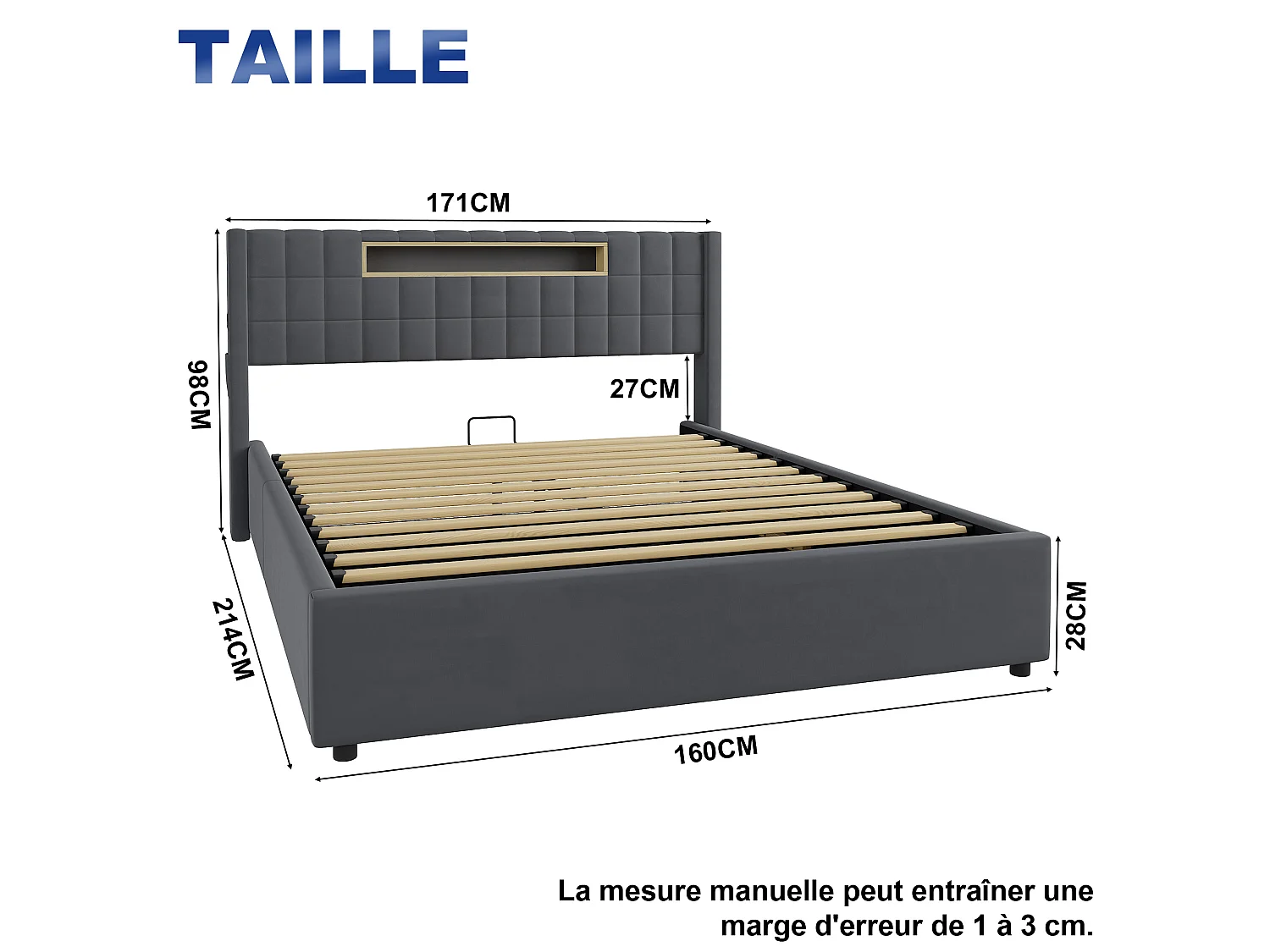 Letto contenitore 160x200 cm in velluto grigio scuro con testiera regolabile con LED, 2 porte USB e 1 Type-C, senza materasso