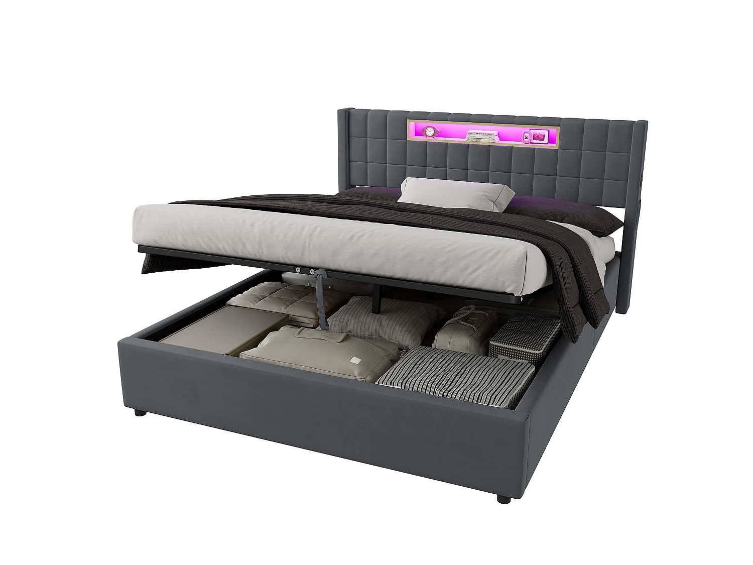 Letto contenitore 160x200 cm in velluto grigio scuro con testiera regolabile con LED, 2 porte USB e 1 Type-C, senza materasso