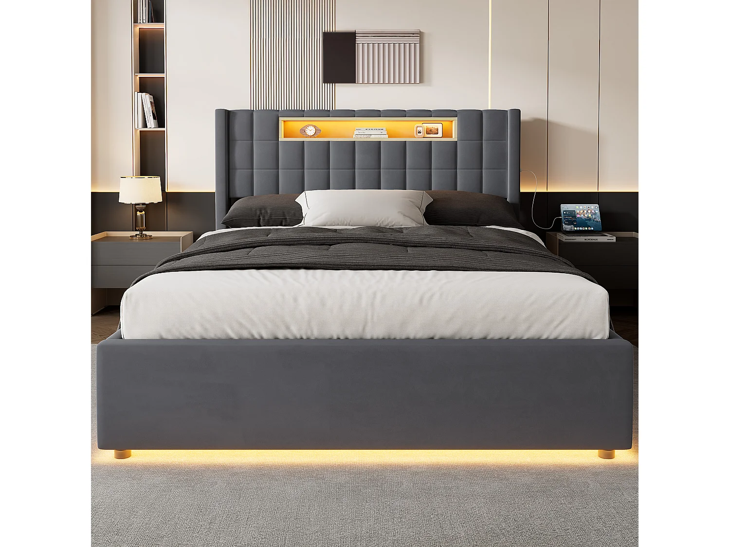 Cama baú 140x200 cm em veludo cinza escuro, iluminação LED, prateleira, portas USB e Type-C, cabeceira estofada, sem colchão