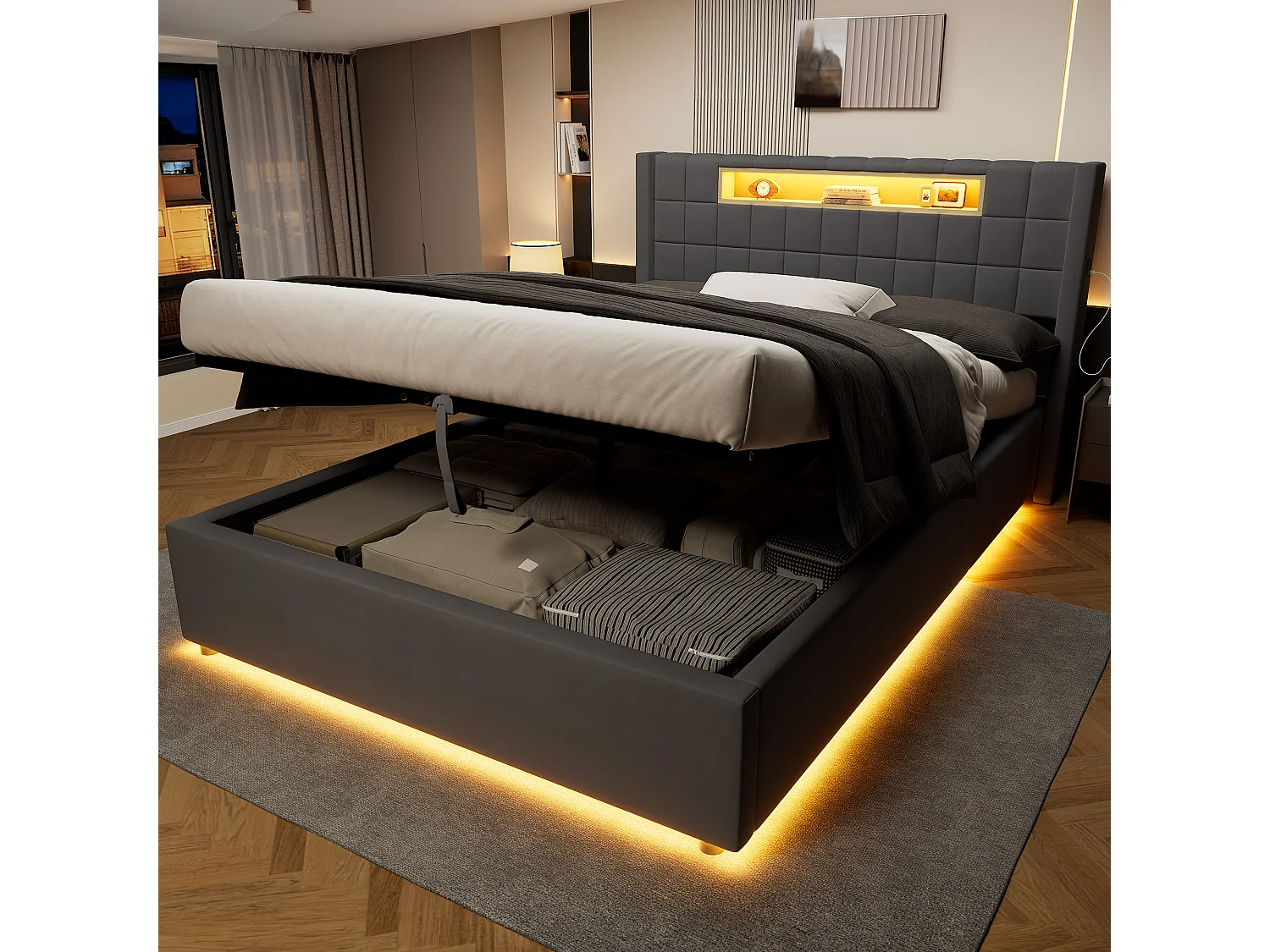 Cama baú 140x200 cm em veludo cinza escuro, iluminação LED, prateleira, portas USB e Type-C, cabeceira estofada, sem colchão