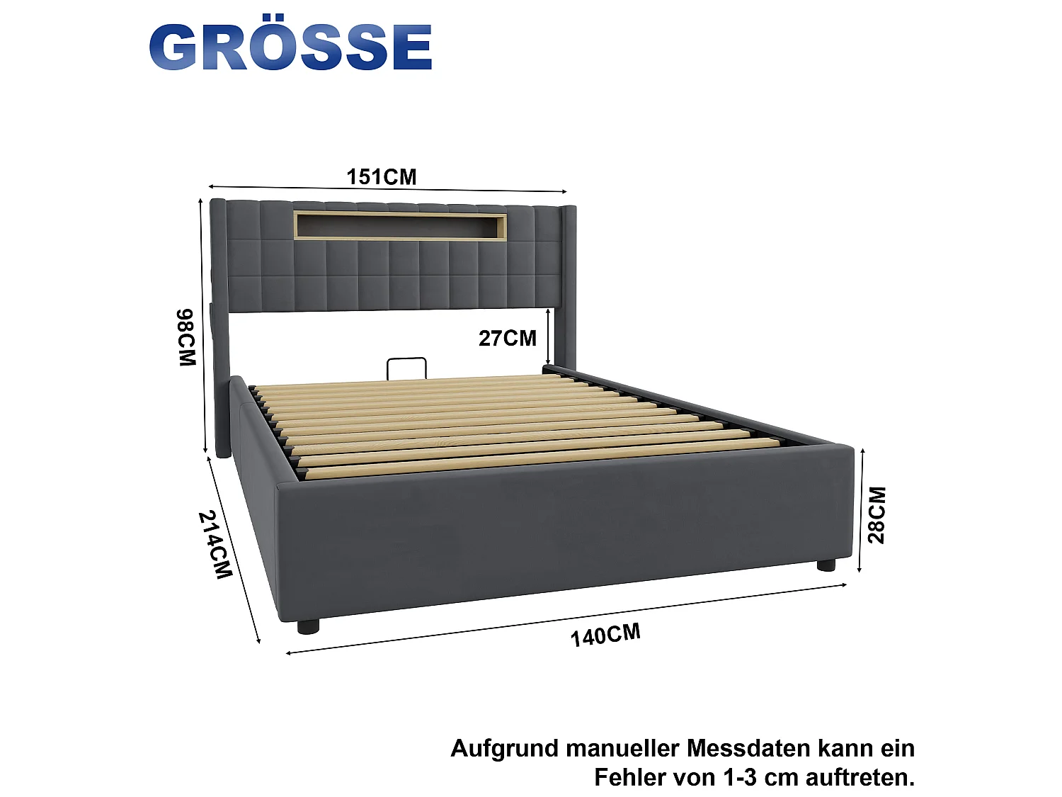 Cama baú 140x200 cm em veludo cinza escuro, iluminação LED, prateleira, portas USB e Type-C, cabeceira estofada, sem colchão