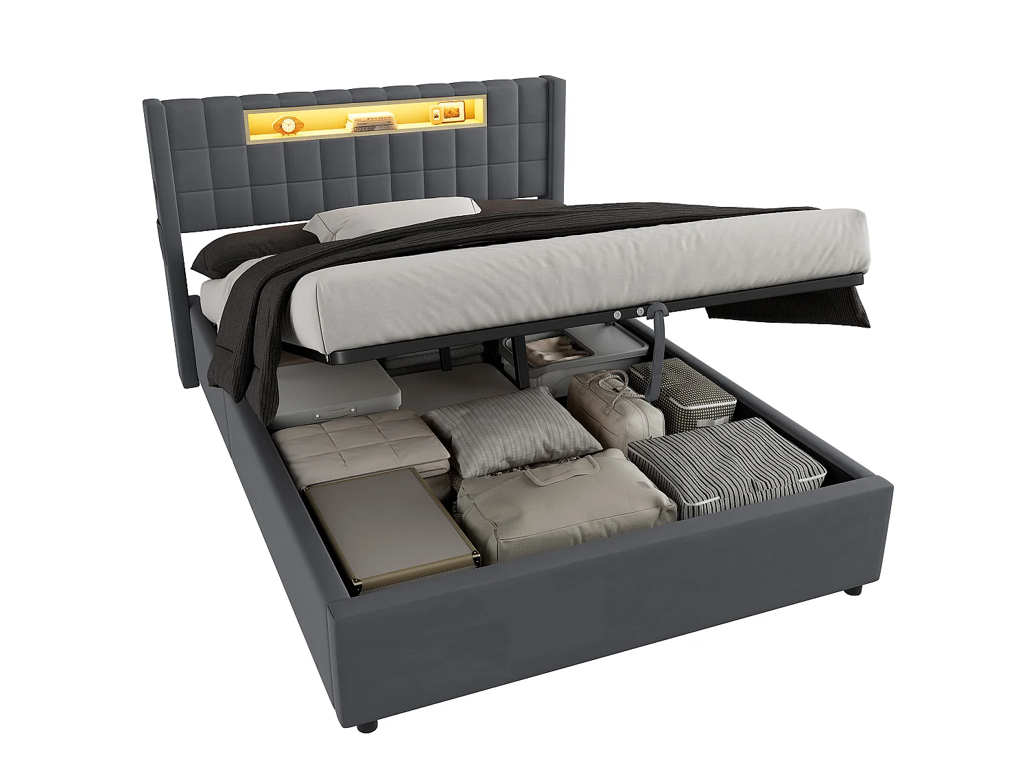 Cama baú 140x200 cm em veludo cinza escuro, iluminação LED, prateleira, portas USB e Type-C, cabeceira estofada, sem colchão