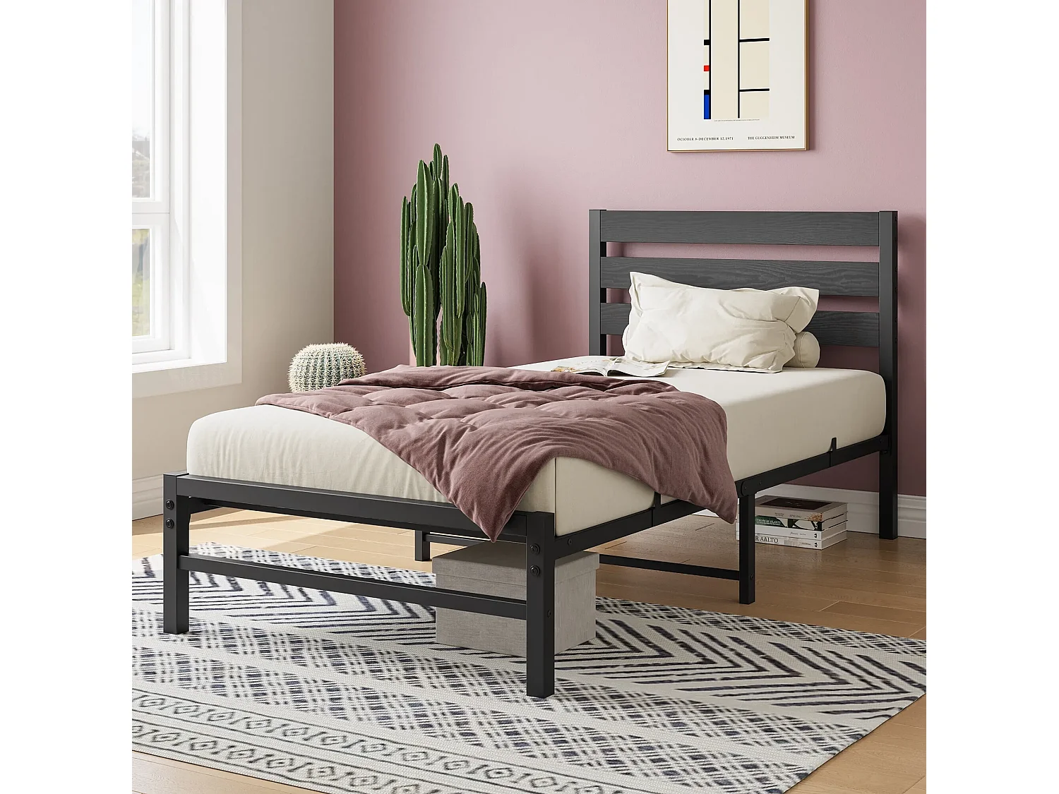 Lit simple pour enfant 90x200 cm en métal noir avec tête de lit et sommier à lattes, design moderne, sans matelas