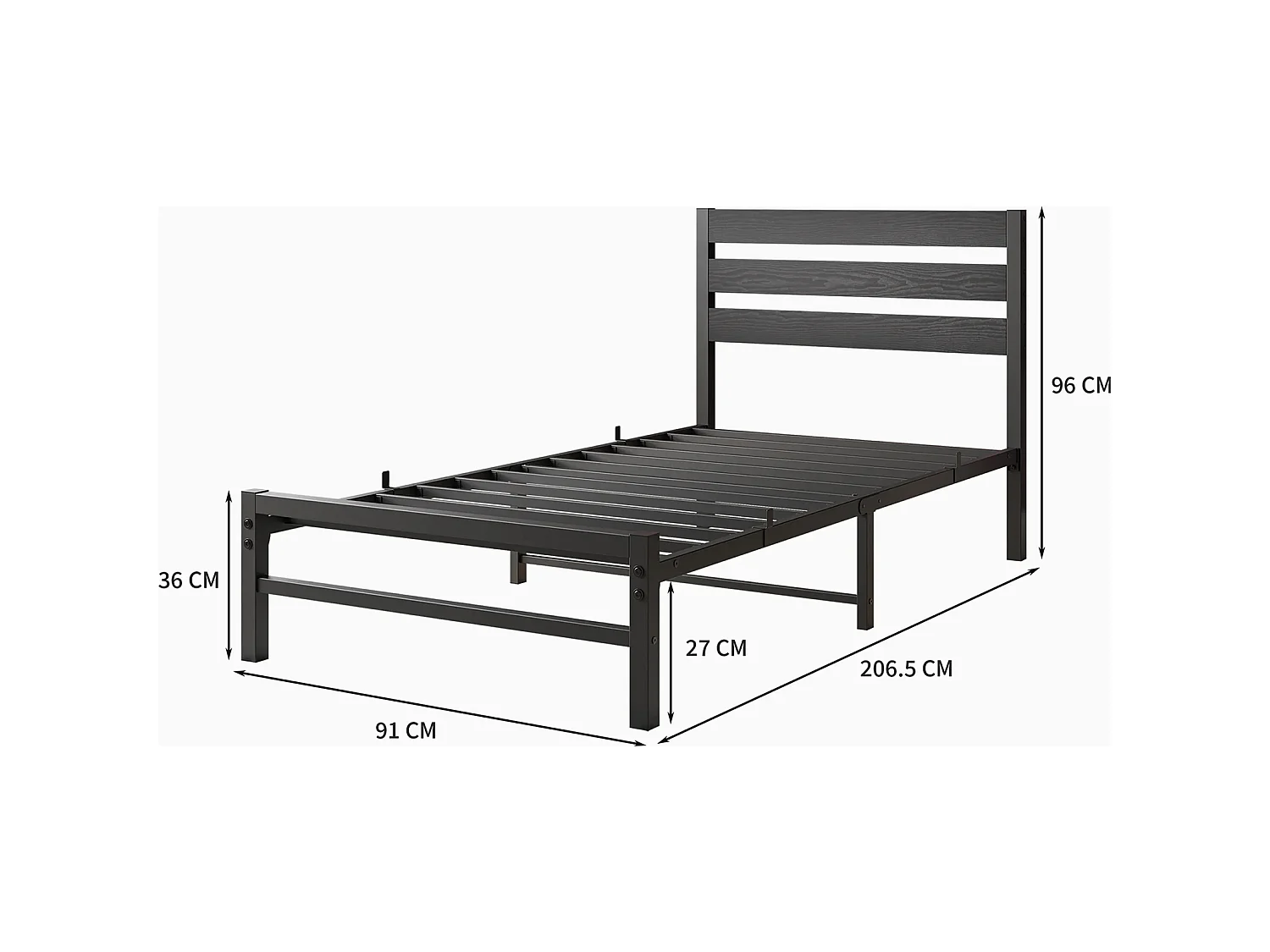 Lit simple pour enfant 90x200 cm en métal noir avec tête de lit et sommier à lattes, design moderne, sans matelas