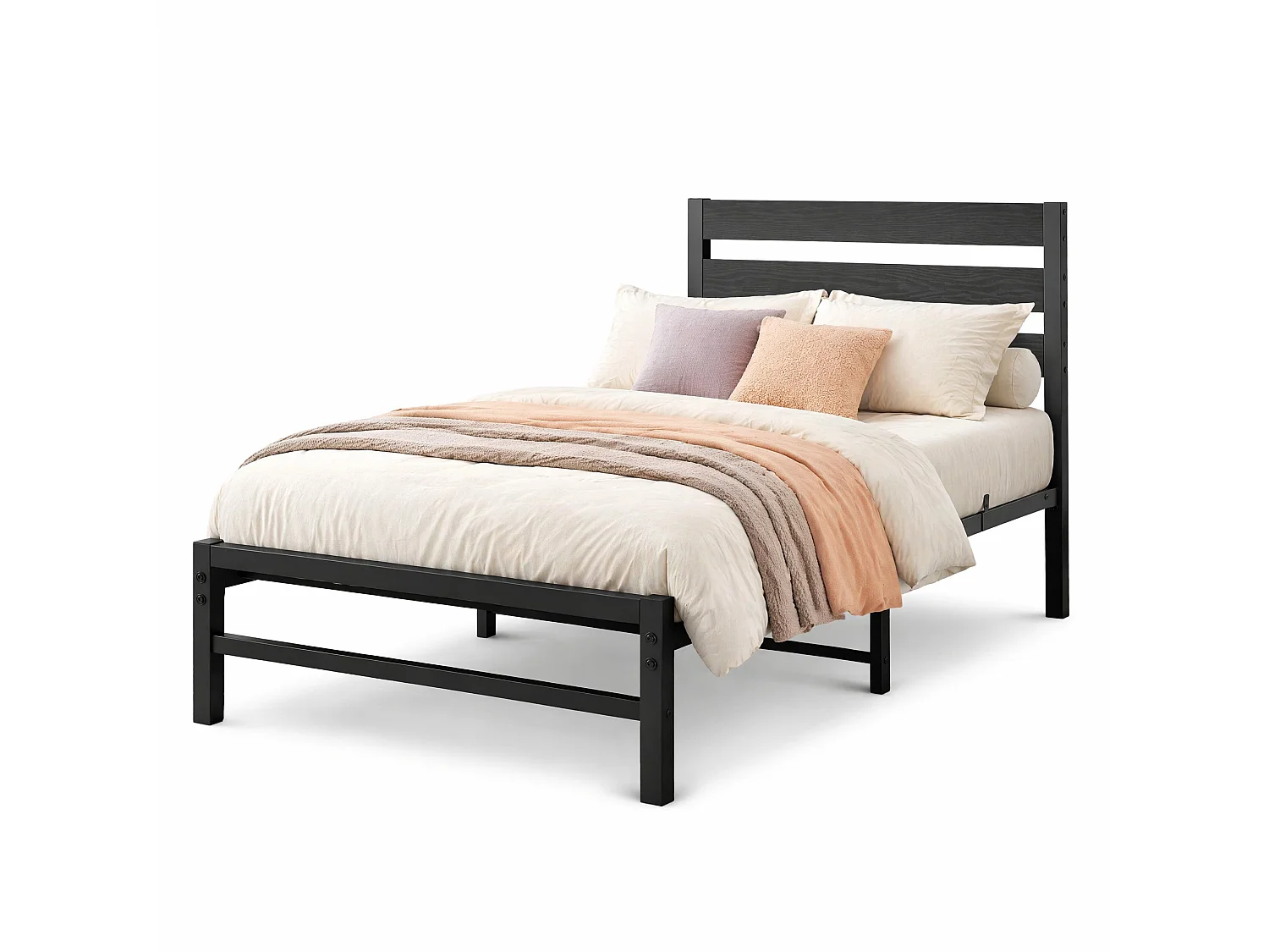 Lit simple pour enfant 90x200 cm en métal noir avec tête de lit et sommier à lattes, design moderne, sans matelas