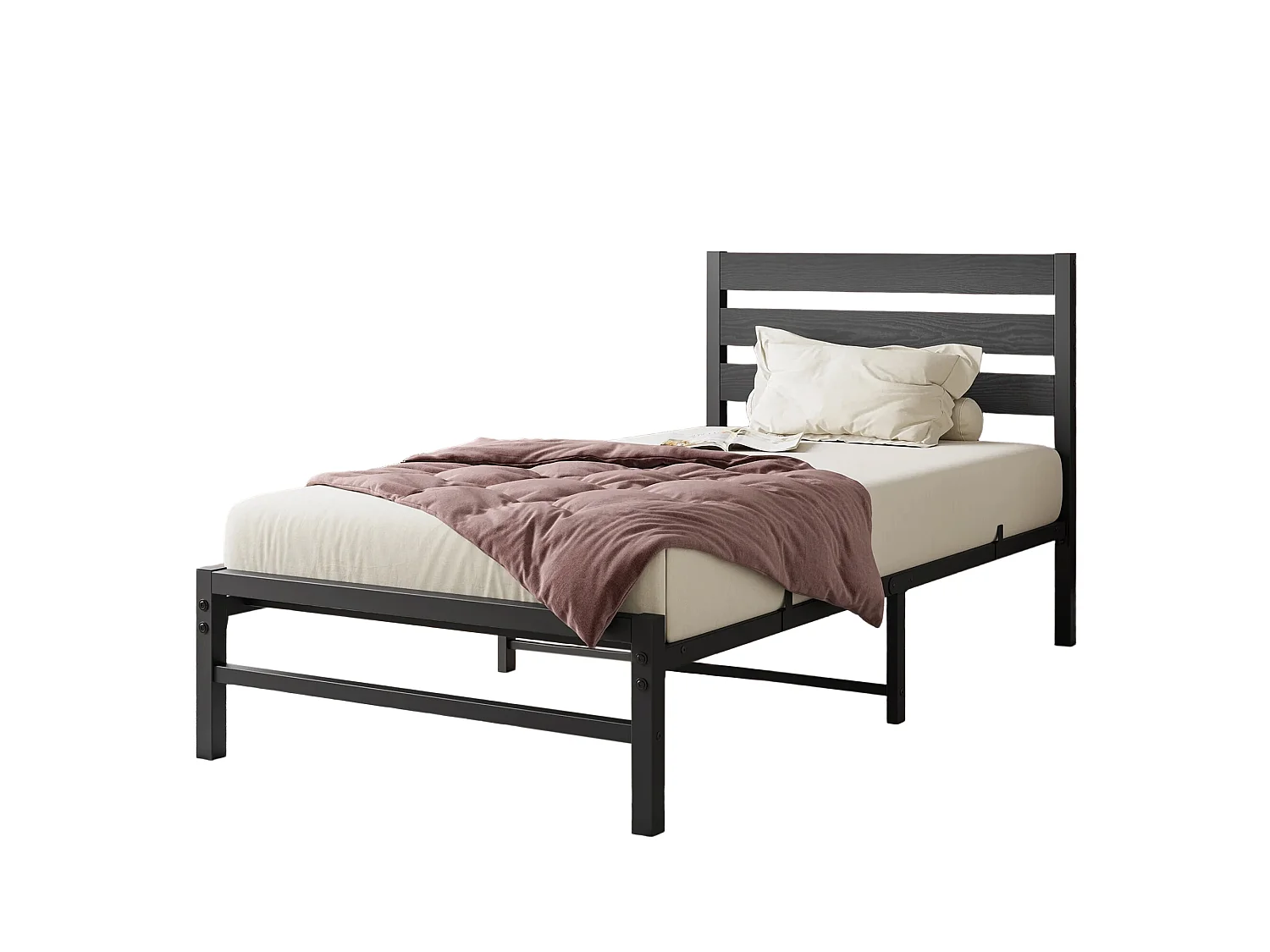 Lit simple pour enfant 90x200 cm en métal noir avec tête de lit et sommier à lattes, design moderne, sans matelas