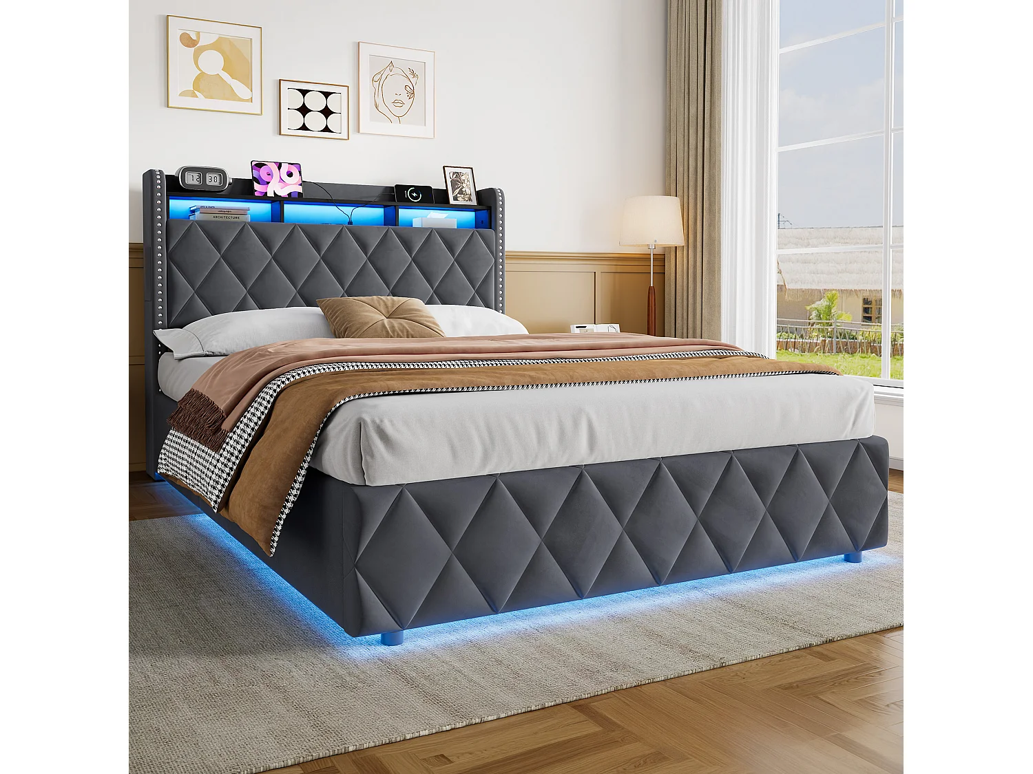 Lit coffre 140x200 cm en velours gris foncé avec LED, rangement hydraulique, 2 prises et 2 ports USB, sans matelas
