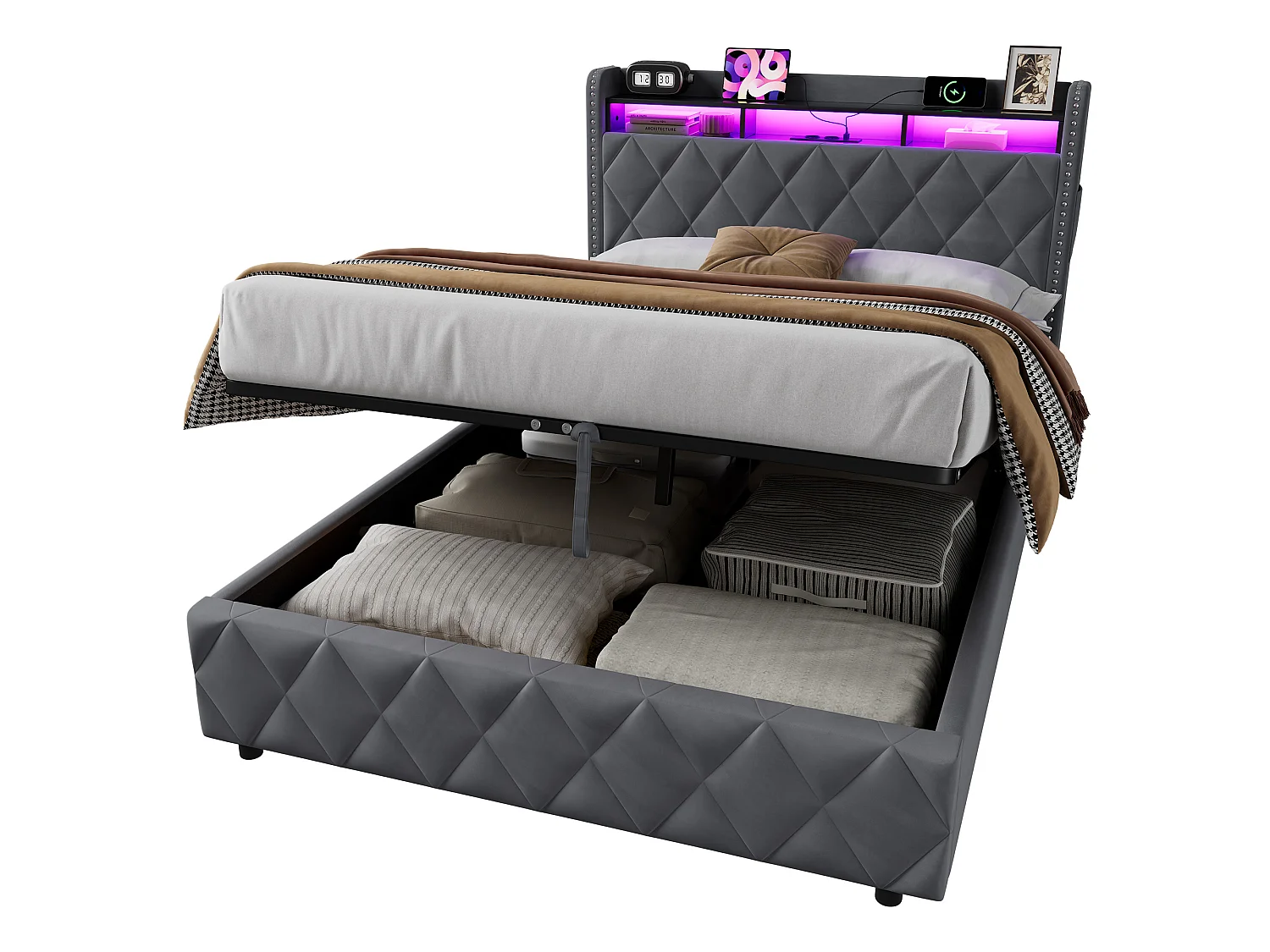 Lit coffre 140x200 cm en velours gris foncé avec LED, rangement hydraulique, 2 prises et 2 ports USB, sans matelas