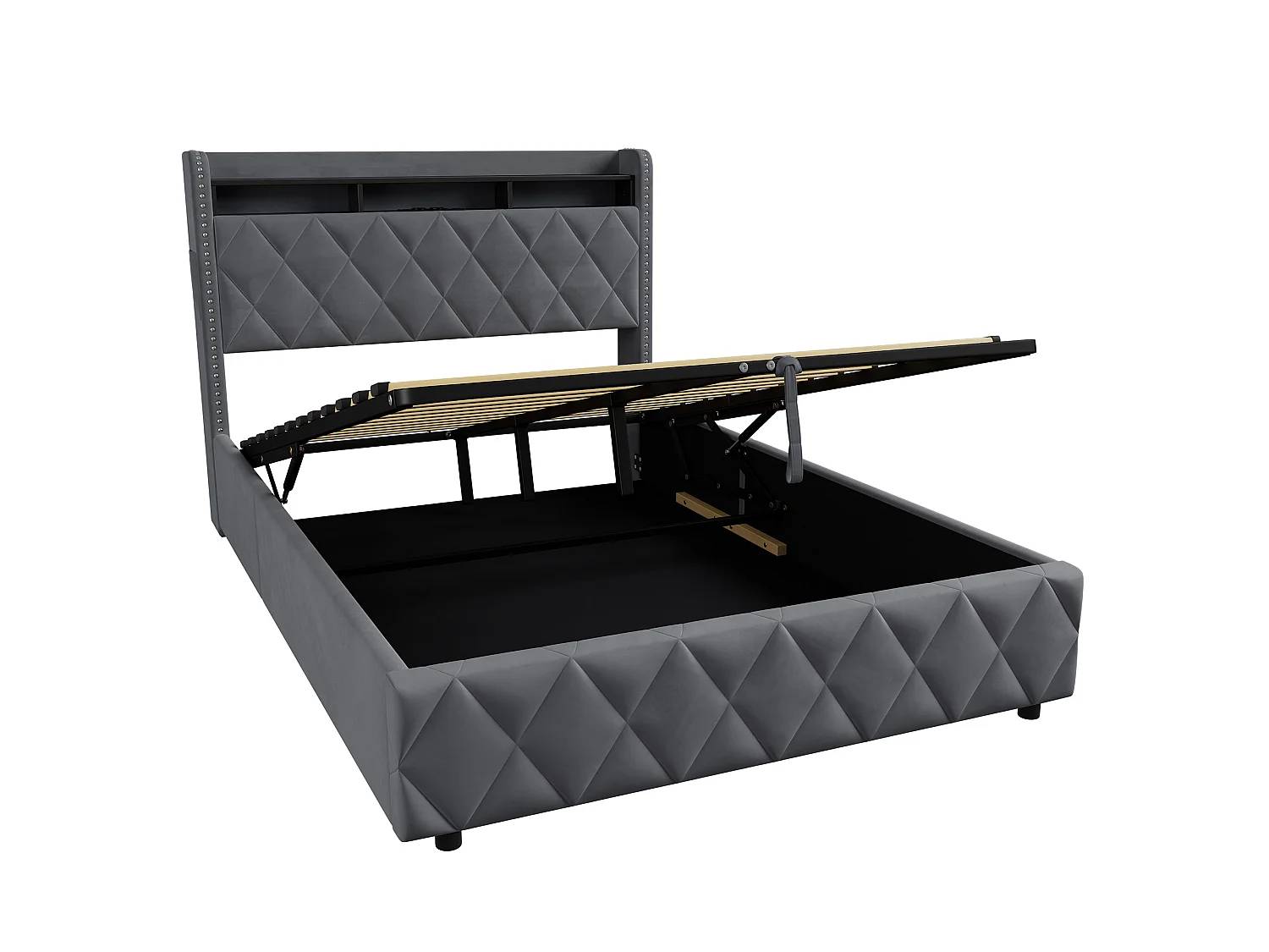 Lit coffre 140x200 cm en velours gris foncé avec LED, rangement hydraulique, 2 prises et 2 ports USB, sans matelas