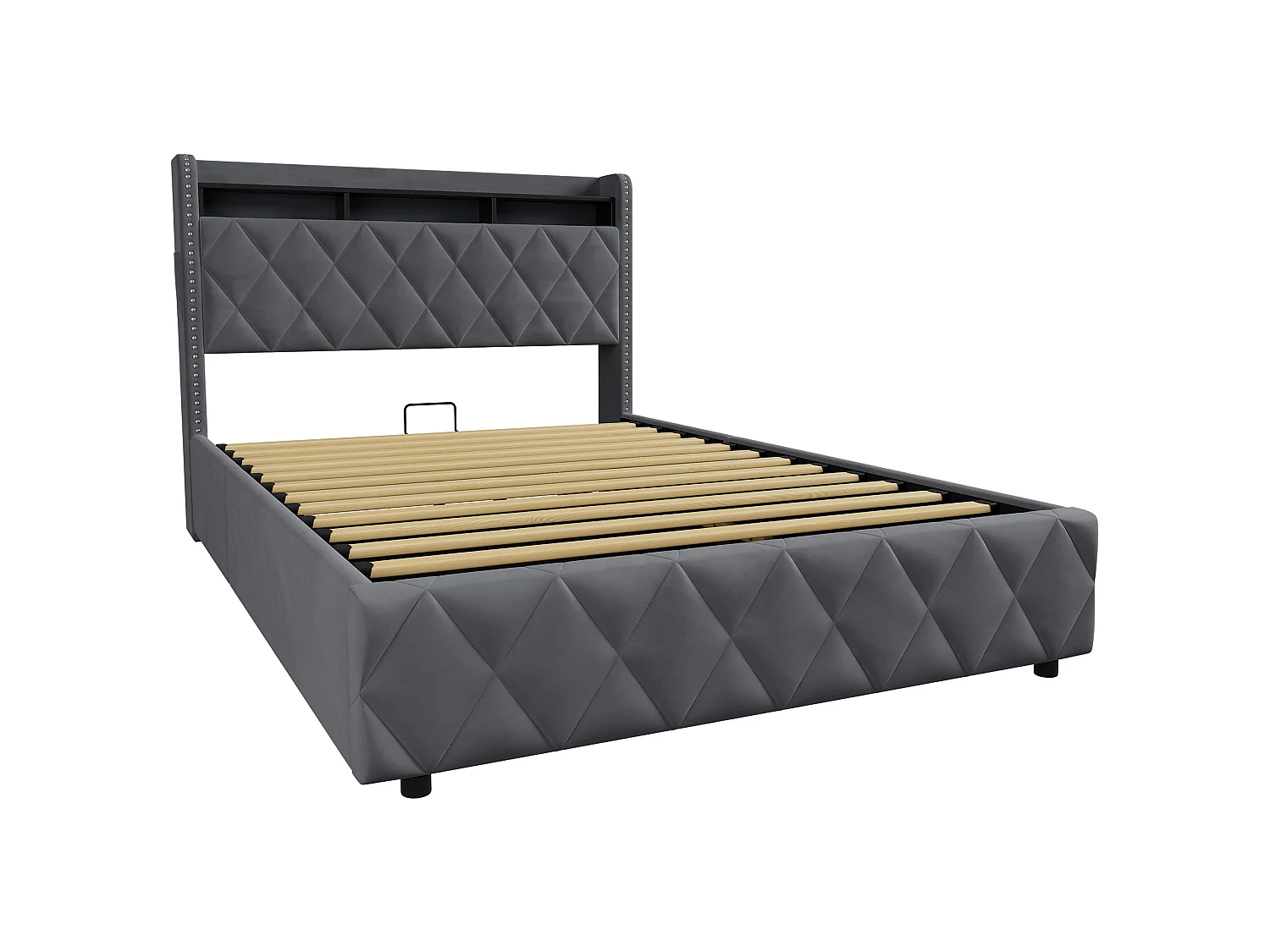 Lit coffre 140x200 cm en velours gris foncé avec LED, rangement hydraulique, 2 prises et 2 ports USB, sans matelas