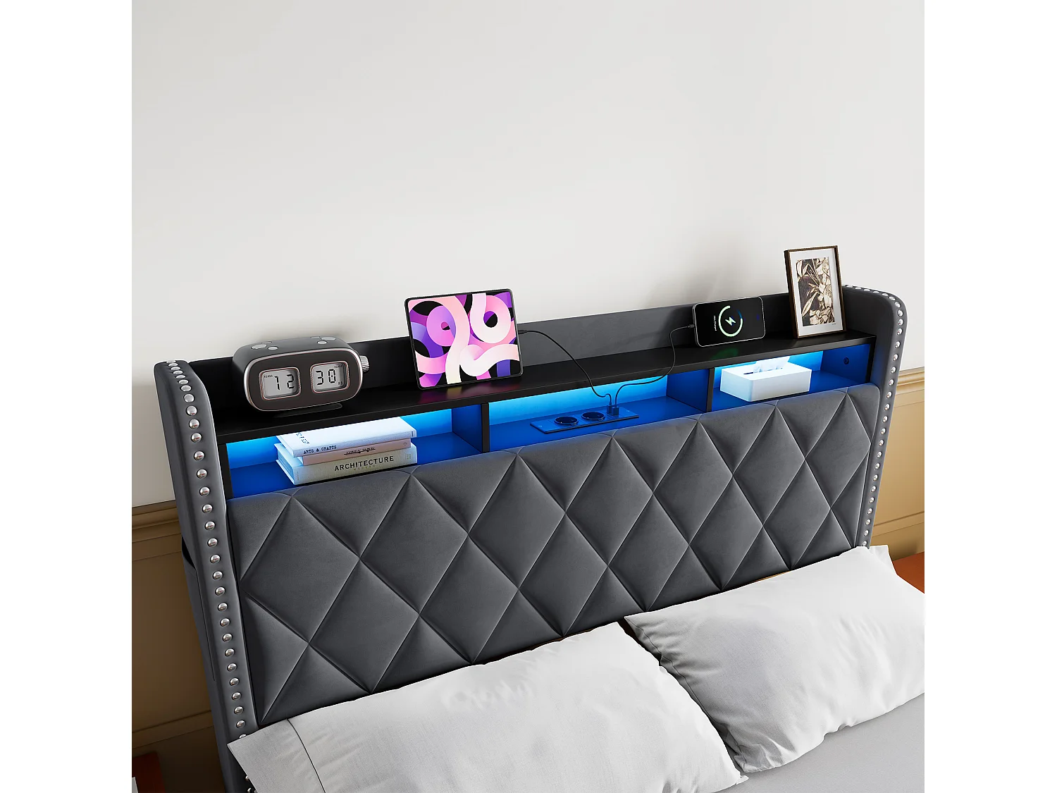 Lit coffre 140x200 cm en velours gris foncé avec LED, rangement hydraulique, 2 prises et 2 ports USB, sans matelas