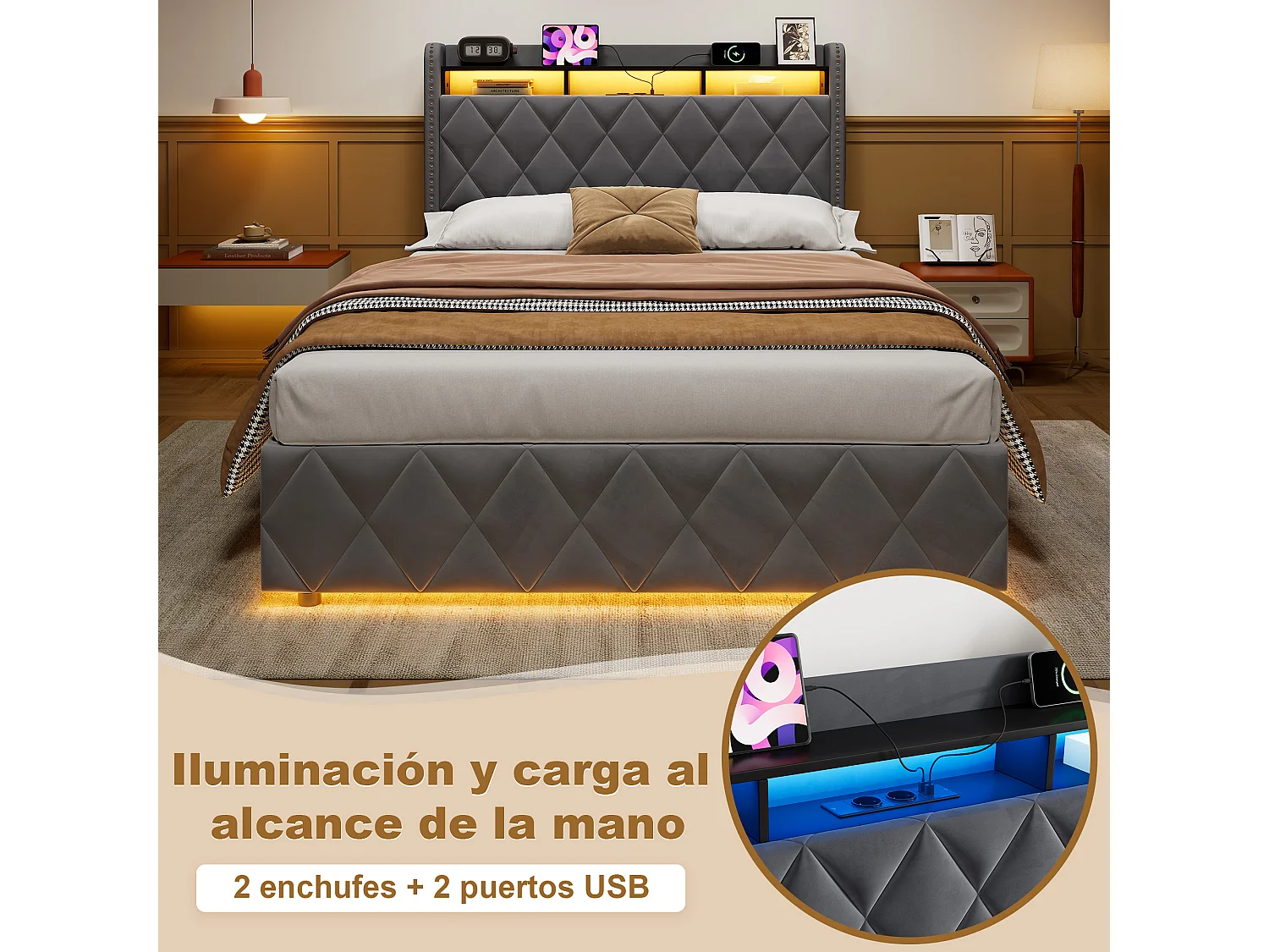 Lit coffre 140x200 cm en velours gris foncé avec LED, rangement hydraulique, 2 prises et 2 ports USB, sans matelas