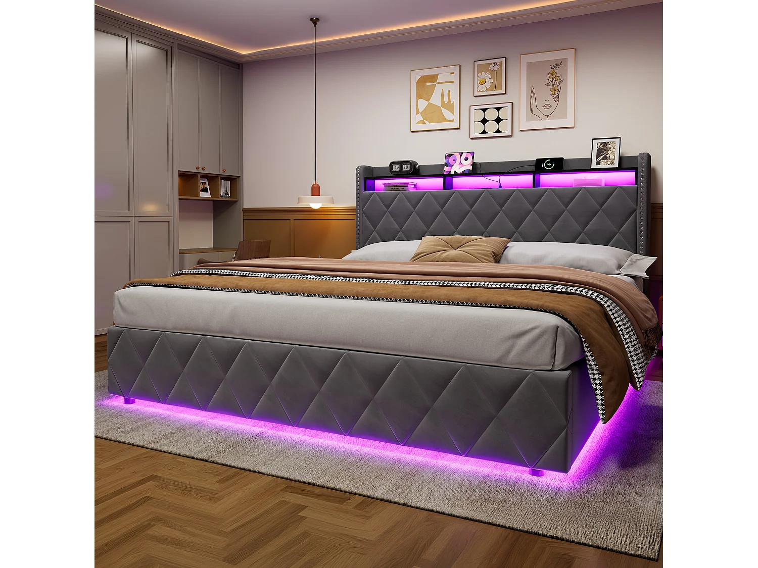 Stauraumbett 180x200 cm aus grauem Samt mit integrierter LED-Beleuchtung und Steckdose, Metall- und Holzrahmen, ohne Matratze