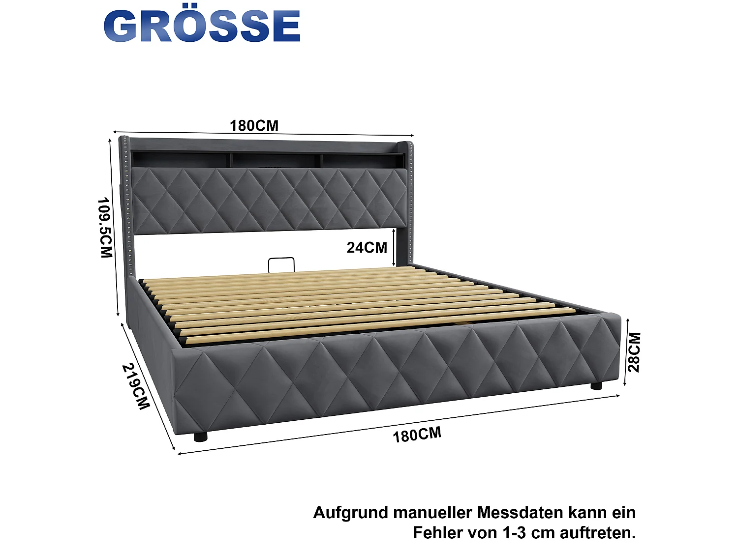 Stauraumbett 180x200 cm aus grauem Samt mit integrierter LED-Beleuchtung und Steckdose, Metall- und Holzrahmen, ohne Matratze