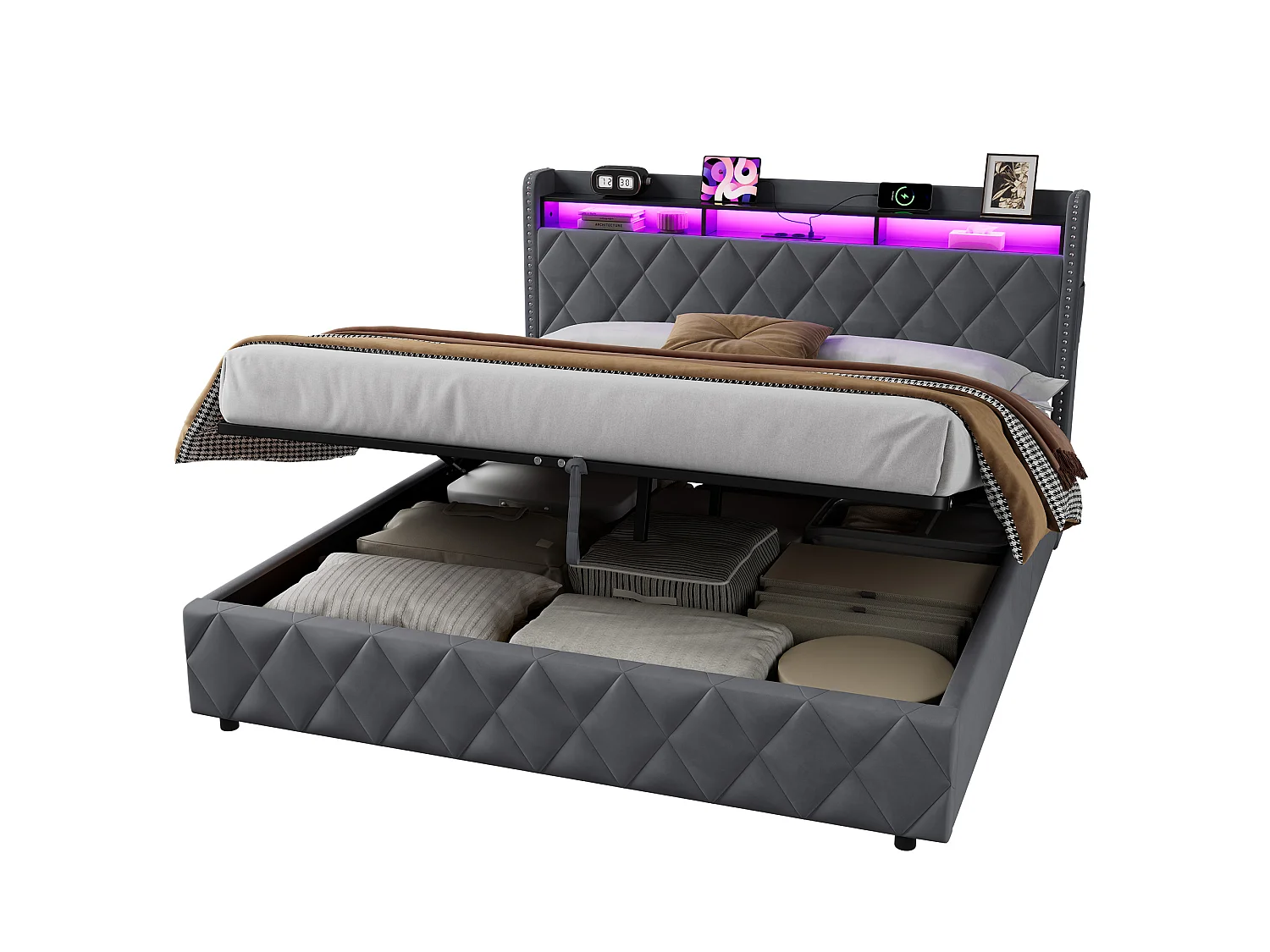 Stauraumbett 180x200 cm aus grauem Samt mit integrierter LED-Beleuchtung und Steckdose, Metall- und Holzrahmen, ohne Matratze