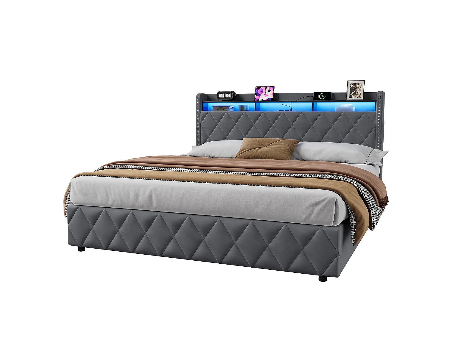 Stauraumbett 180x200 cm aus grauem Samt mit integrierter LED-Beleuchtung und Steckdose, Metall- und Holzrahmen, ohne Matratze