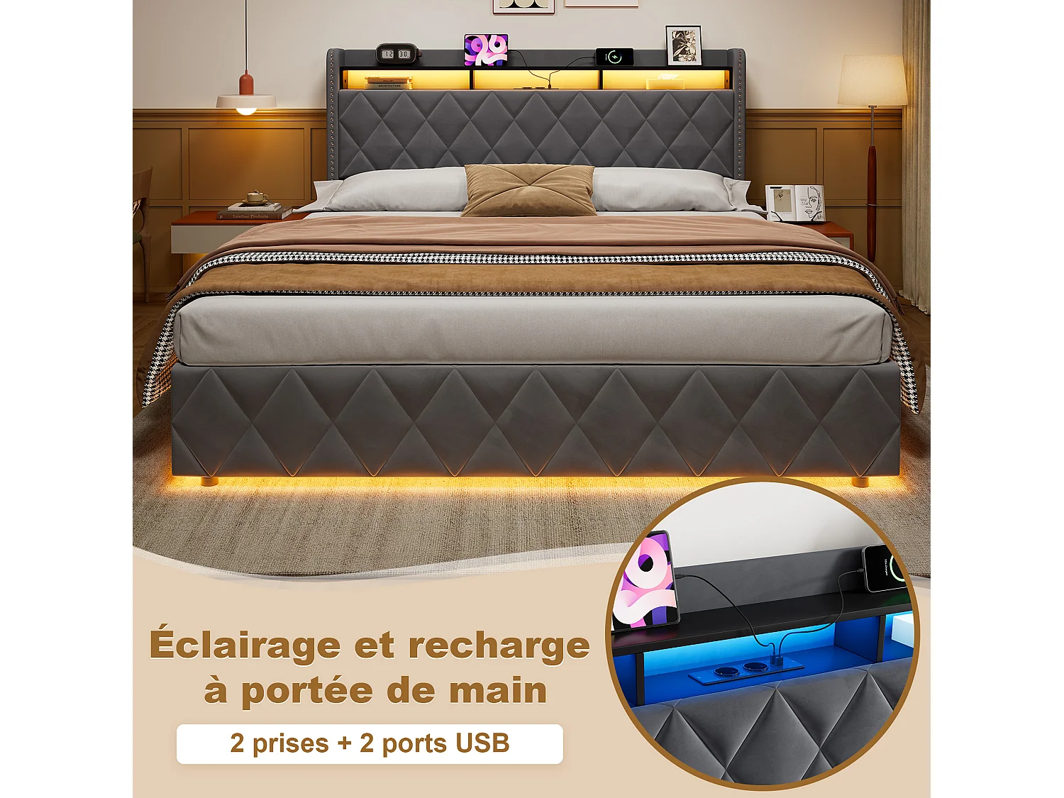 Stauraumbett 180x200 cm aus grauem Samt mit integrierter LED-Beleuchtung und Steckdose, Metall- und Holzrahmen, ohne Matratze