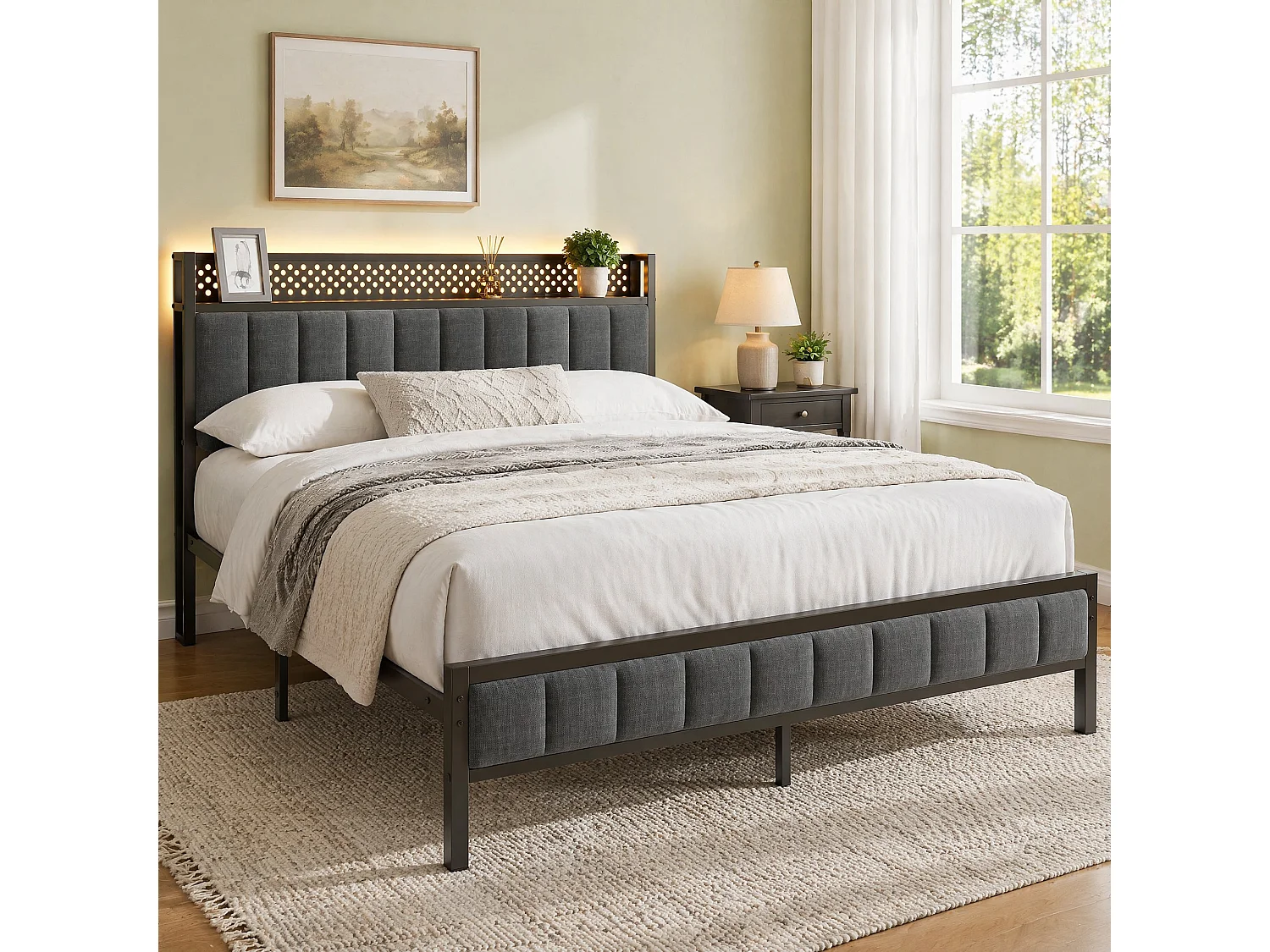 Doppelbett 140x200 cm, LED-Kopfteil, USB-Anschlüsse, schwarzem Metall und Stoff, ohne Matratze