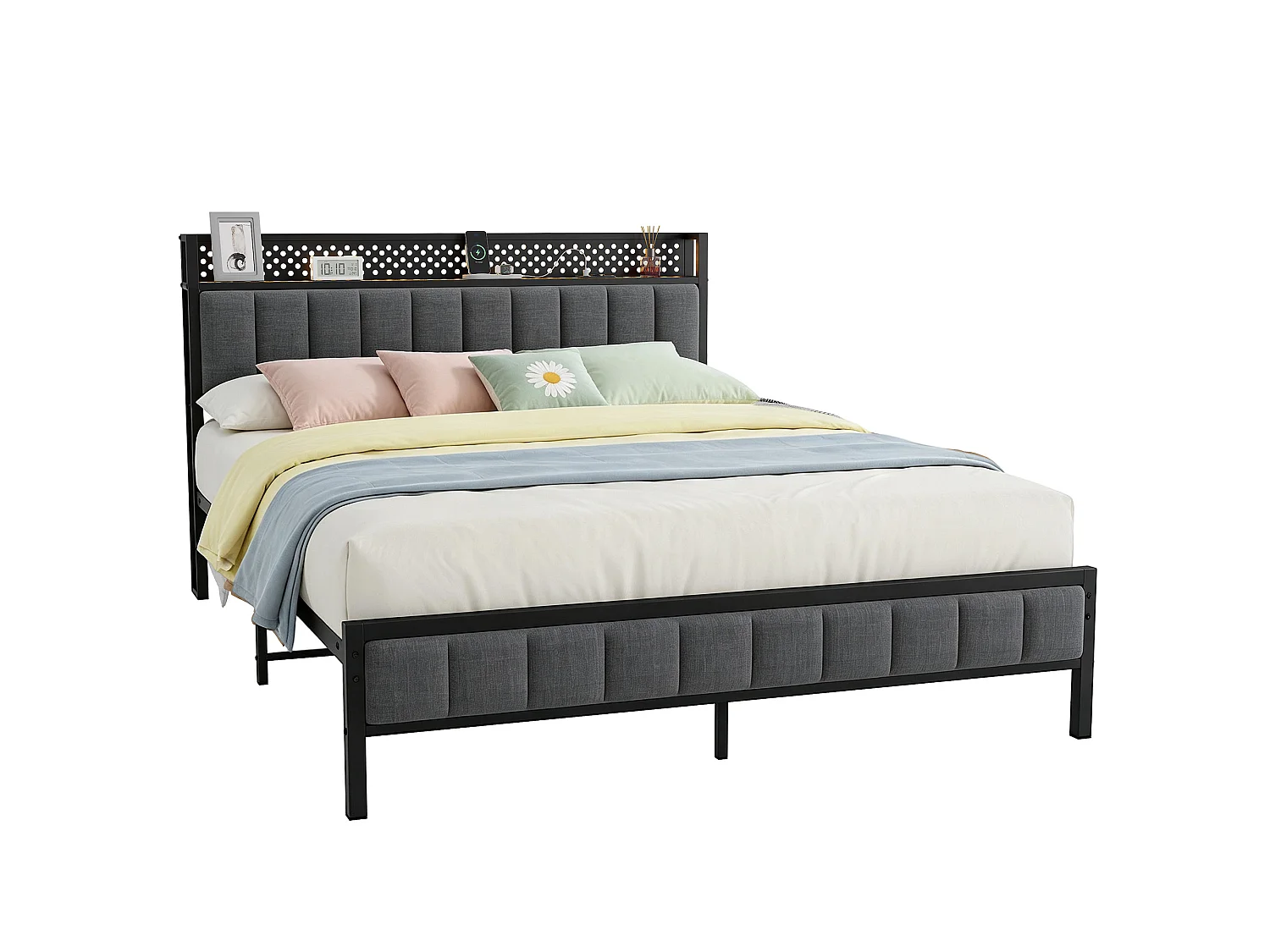 Doppelbett 140x200 cm, LED-Kopfteil, USB-Anschlüsse, schwarzem Metall und Stoff, ohne Matratze