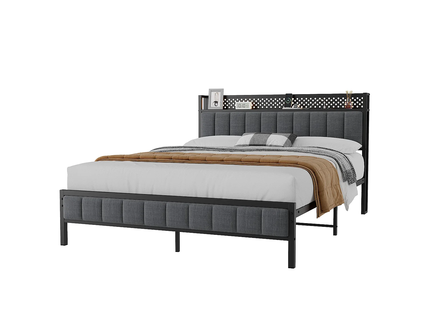 Doppelbett 140x200 cm, LED-Kopfteil, USB-Anschlüsse, schwarzem Metall und Stoff, ohne Matratze