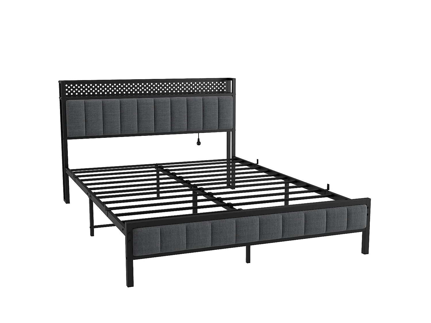 Doppelbett 140x200 cm, LED-Kopfteil, USB-Anschlüsse, schwarzem Metall und Stoff, ohne Matratze