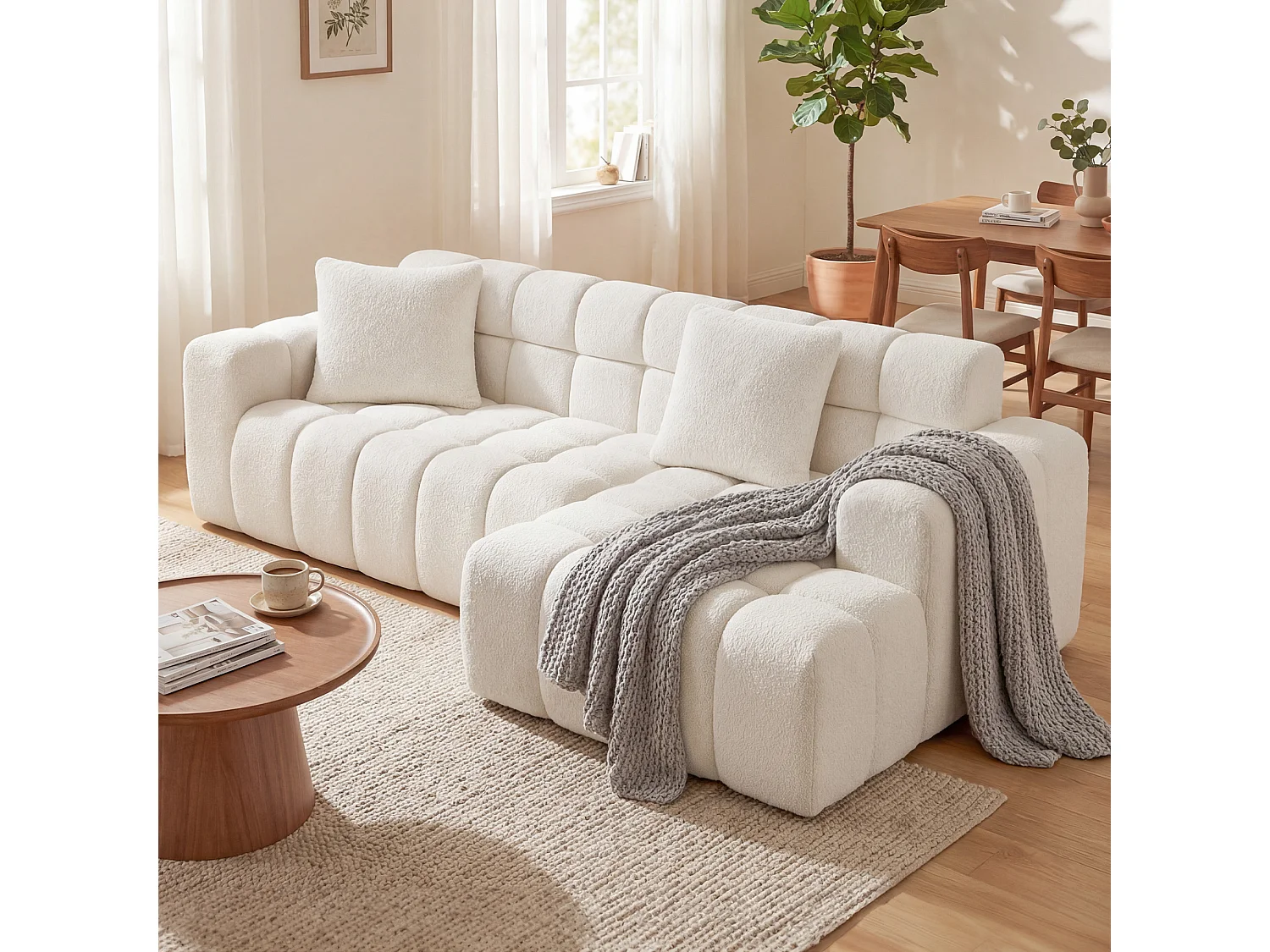 Narożna sofa modułowa z teksturowanego aksamitu białego, głębokie i szerokie siedzisko z pianki wysokogęstej, bez montażu