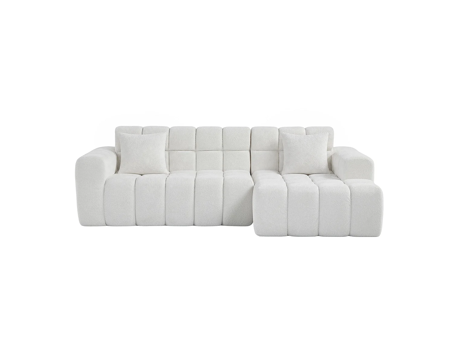 Narożna sofa modułowa z teksturowanego aksamitu białego, głębokie i szerokie siedzisko z pianki wysokogęstej, bez montażu