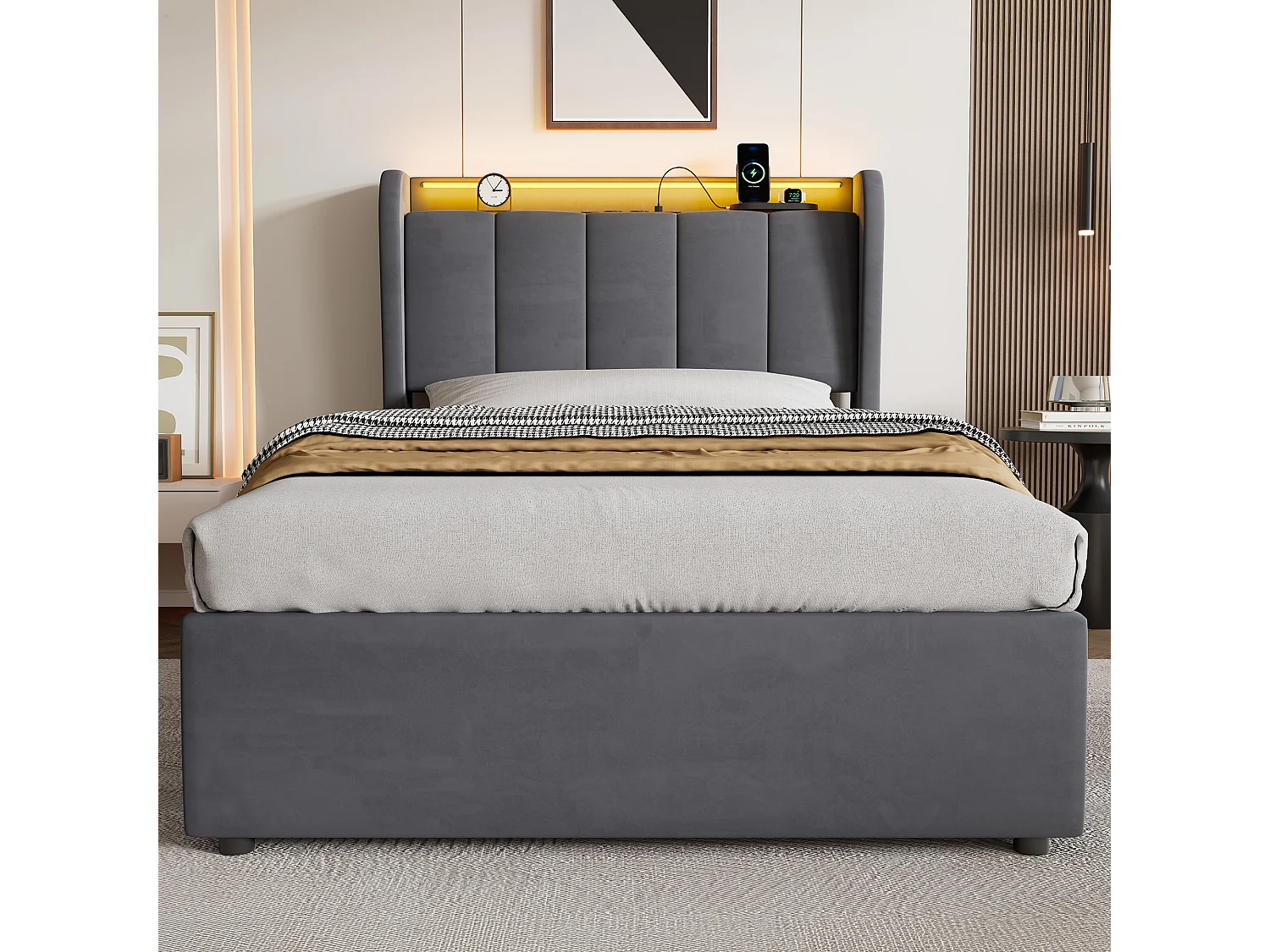 Lit coffre 90x200 cm en velours gris foncé avec tête de lit à rangement, éclairage LED et ports USB, sans matelas