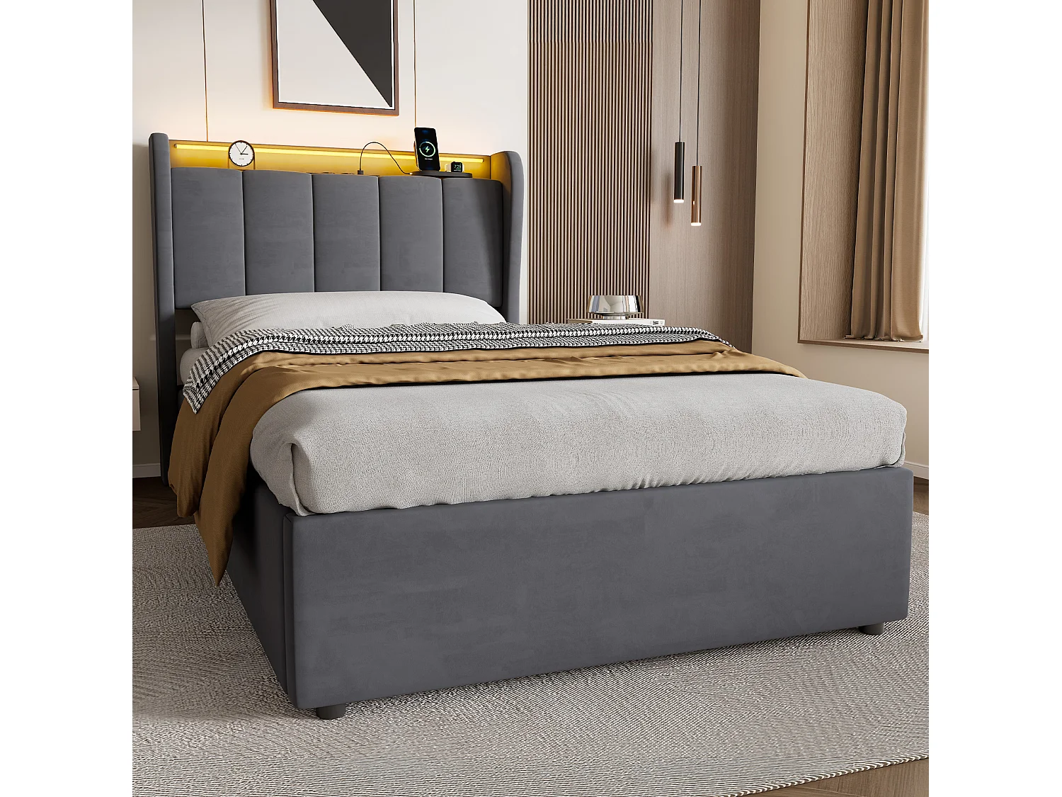 Lit coffre 90x200 cm en velours gris foncé avec tête de lit à rangement, éclairage LED et ports USB, sans matelas