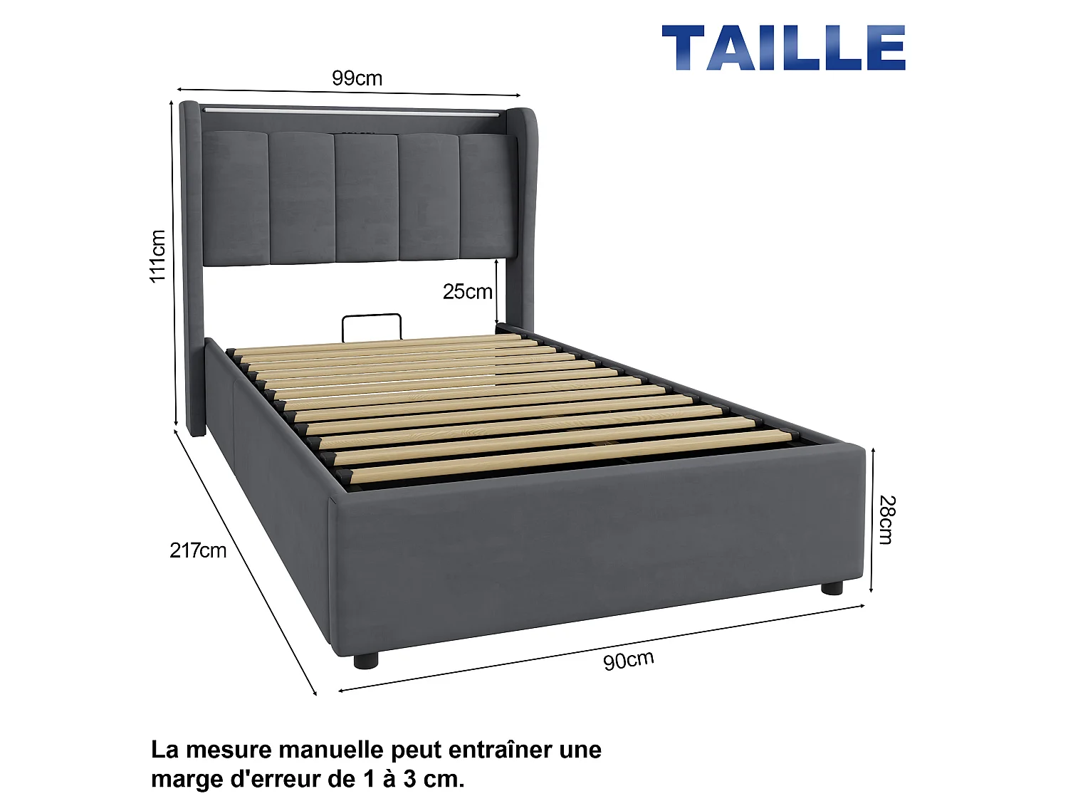 Lit coffre 90x200 cm en velours gris foncé avec tête de lit à rangement, éclairage LED et ports USB, sans matelas