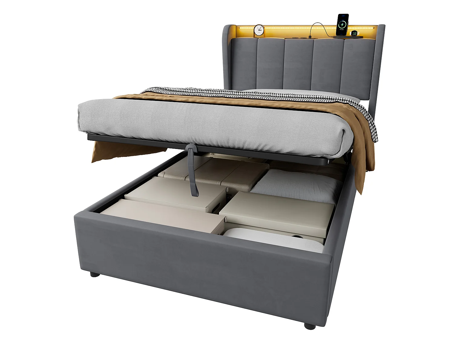 Lit coffre 90x200 cm en velours gris foncé avec tête de lit à rangement, éclairage LED et ports USB, sans matelas
