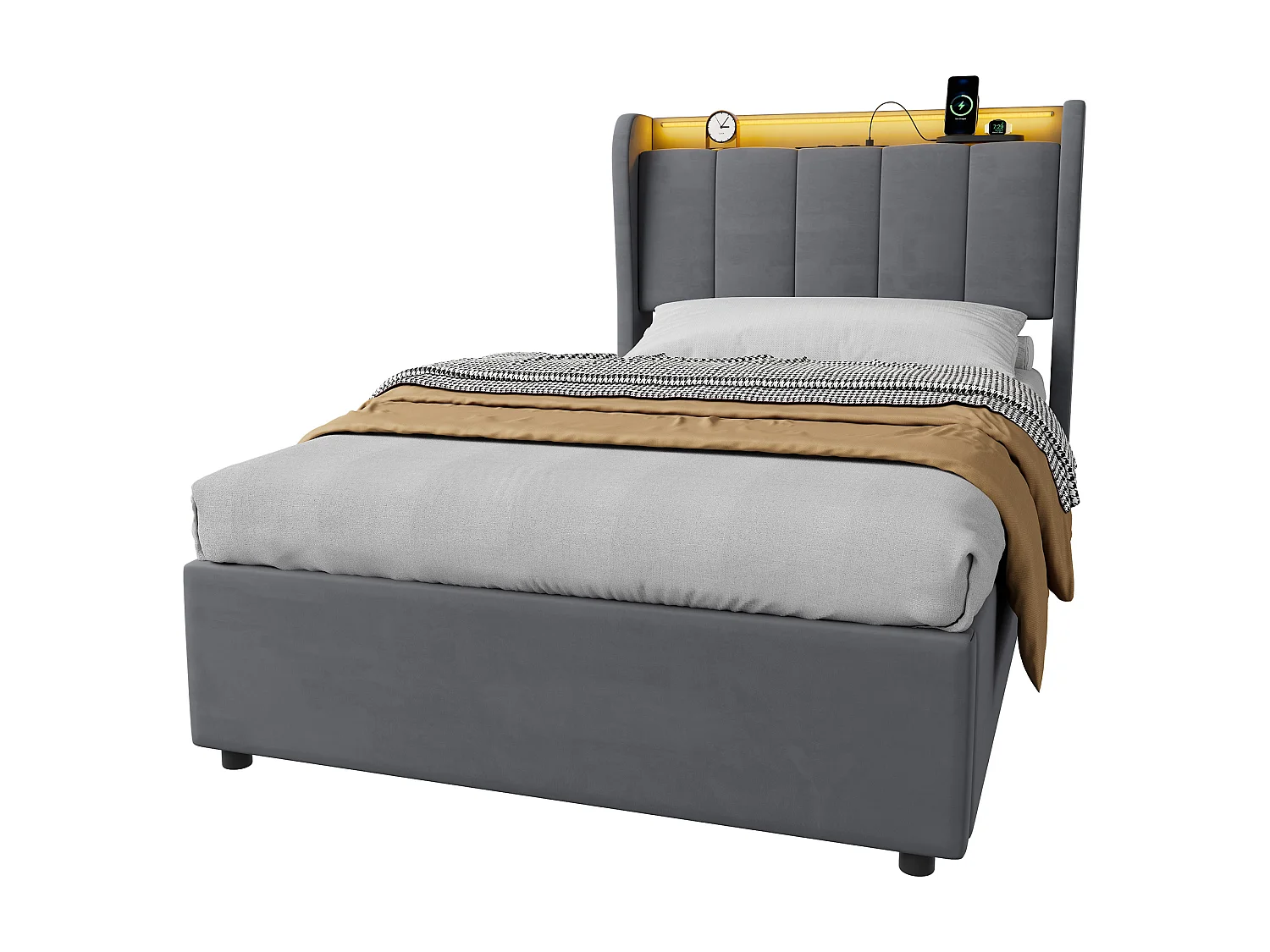 Lit coffre 90x200 cm en velours gris foncé avec tête de lit à rangement, éclairage LED et ports USB, sans matelas