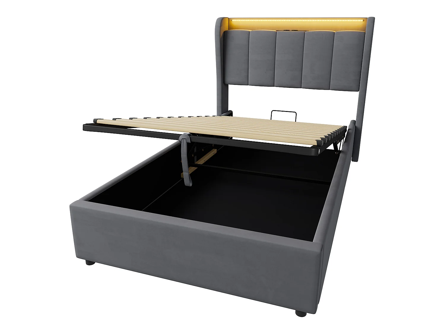 Lit coffre 90x200 cm en velours gris foncé avec tête de lit à rangement, éclairage LED et ports USB, sans matelas