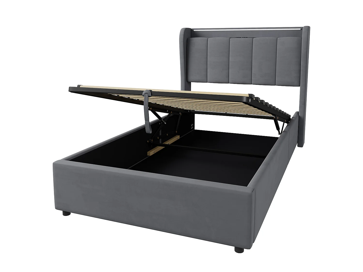 Lit coffre 90x200 cm en velours gris foncé avec tête de lit à rangement, éclairage LED et ports USB, sans matelas