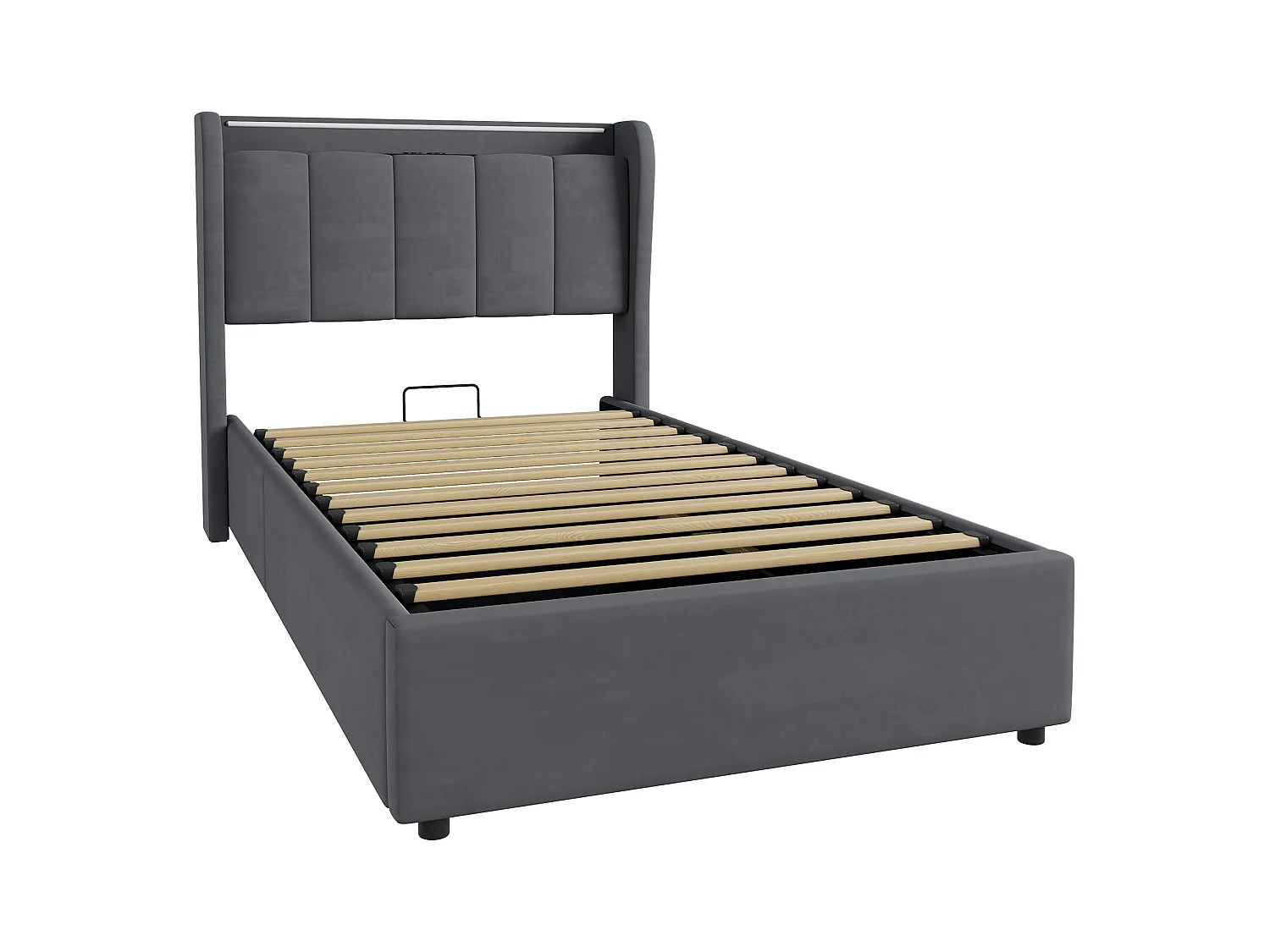 Lit coffre 90x200 cm en velours gris foncé avec tête de lit à rangement, éclairage LED et ports USB, sans matelas