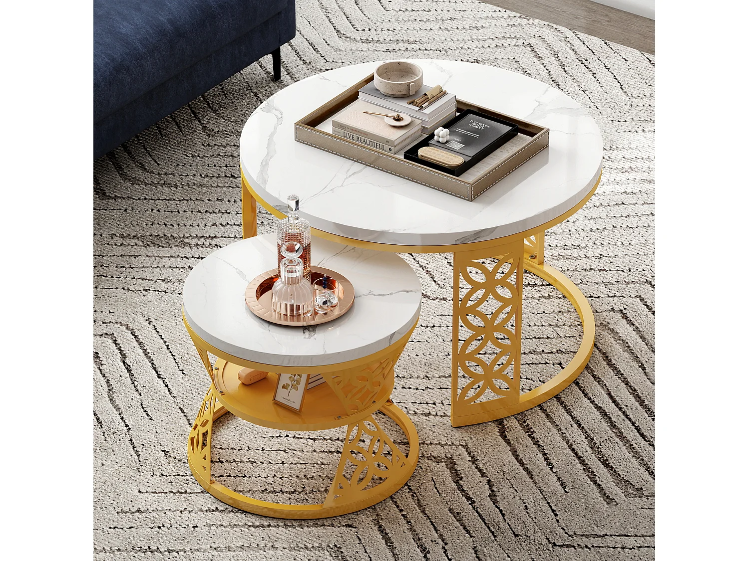 Set van 2 nestbare salontafels wit en goud marmereffect, MDF-bladen en metalen structuur, afmetingen 70/45 cm
