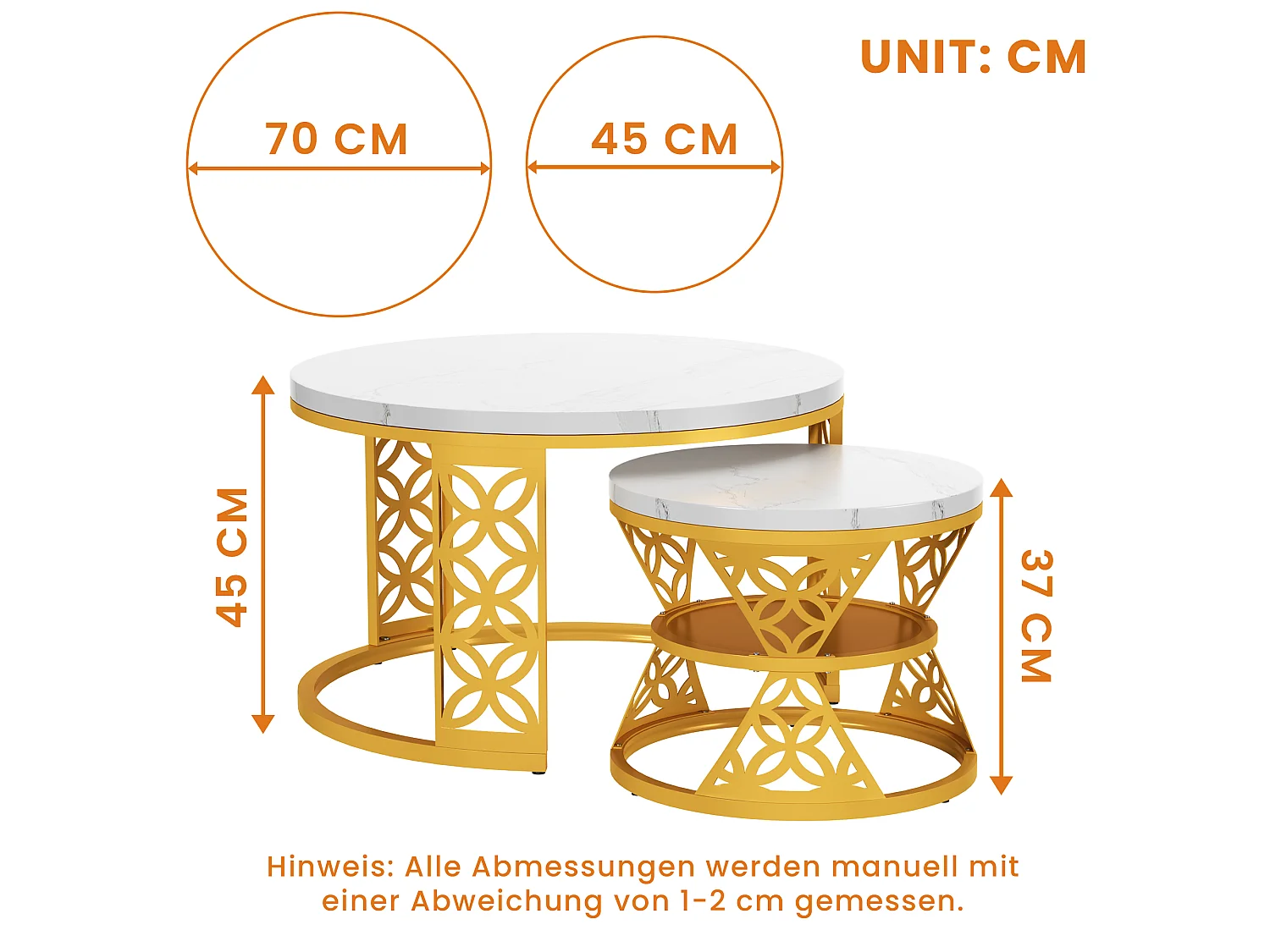 Set van 2 nestbare salontafels wit en goud marmereffect, MDF-bladen en metalen structuur, afmetingen 70/45 cm