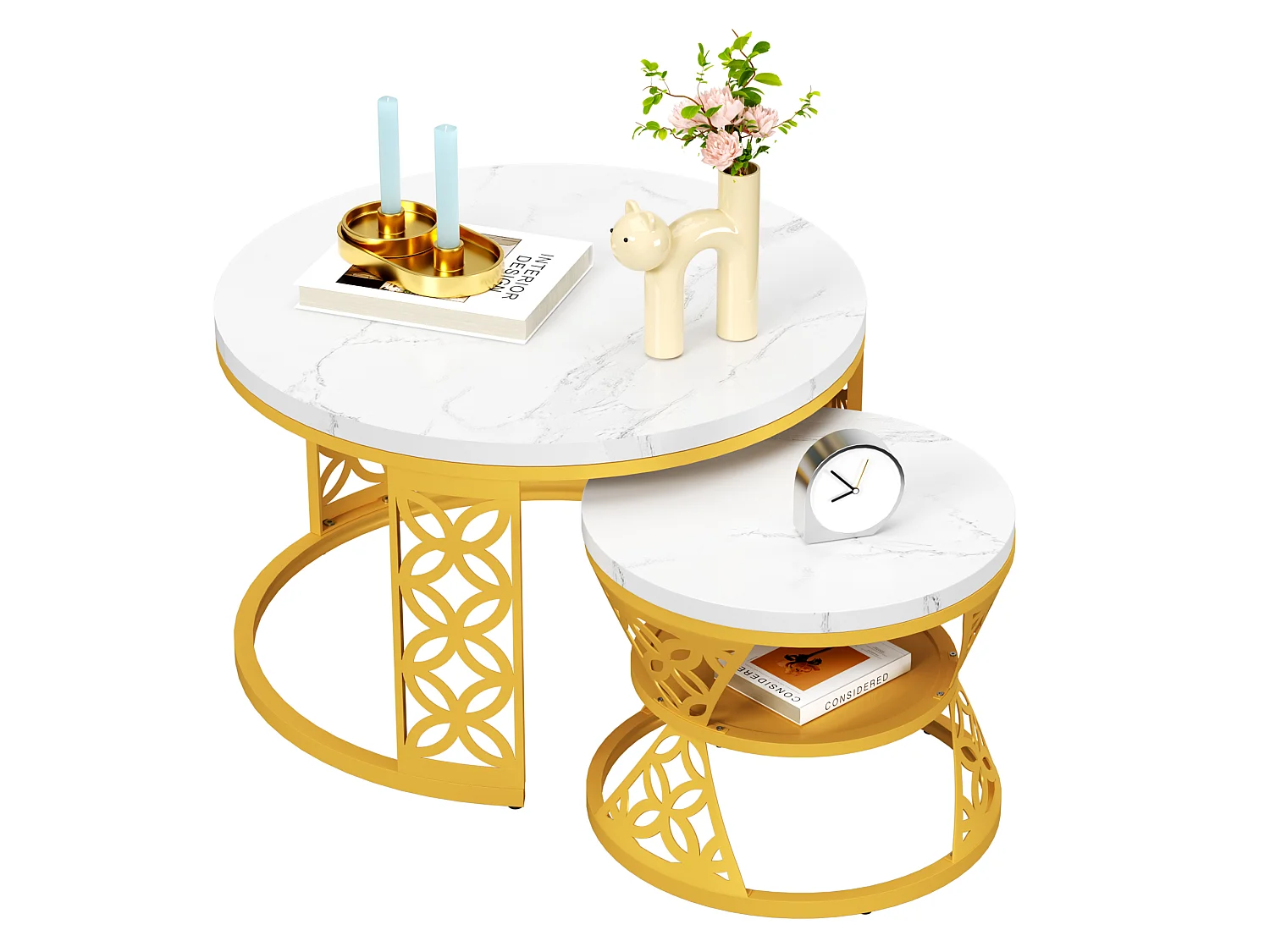 Set van 2 nestbare salontafels wit en goud marmereffect, MDF-bladen en metalen structuur, afmetingen 70/45 cm