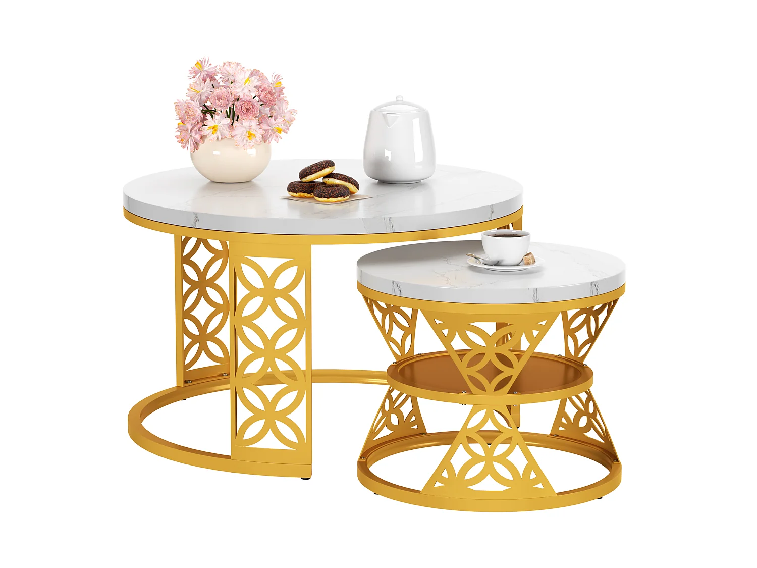 Set van 2 nestbare salontafels wit en goud marmereffect, MDF-bladen en metalen structuur, afmetingen 70/45 cm