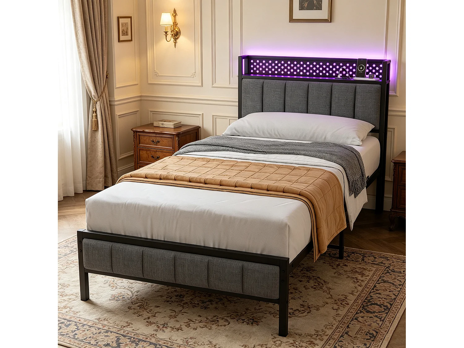 Lit simple pour enfant 90x200 cm, tête de lit LED, ports USB, métal et tissu noir, sans matelas